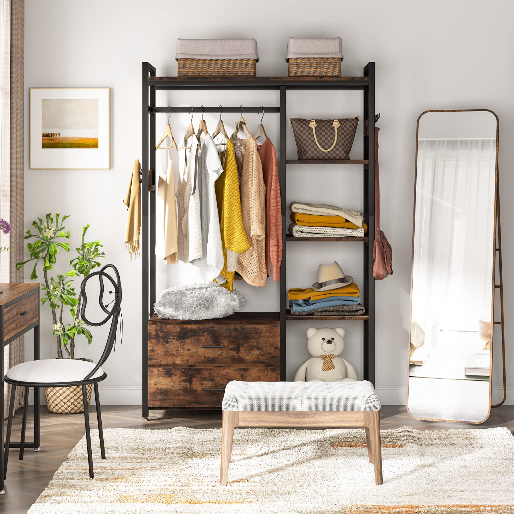 Tribesigns Freestanding Closet Organizer - Heavy Duty Garment Rack with Drawers & Shelves, Rustic Brown Wardrobe Storage for Bedroom, Living Room & Dorm - Perfect for Hanging Clothes, Organizing Accessories & Maximizing Small Spaces