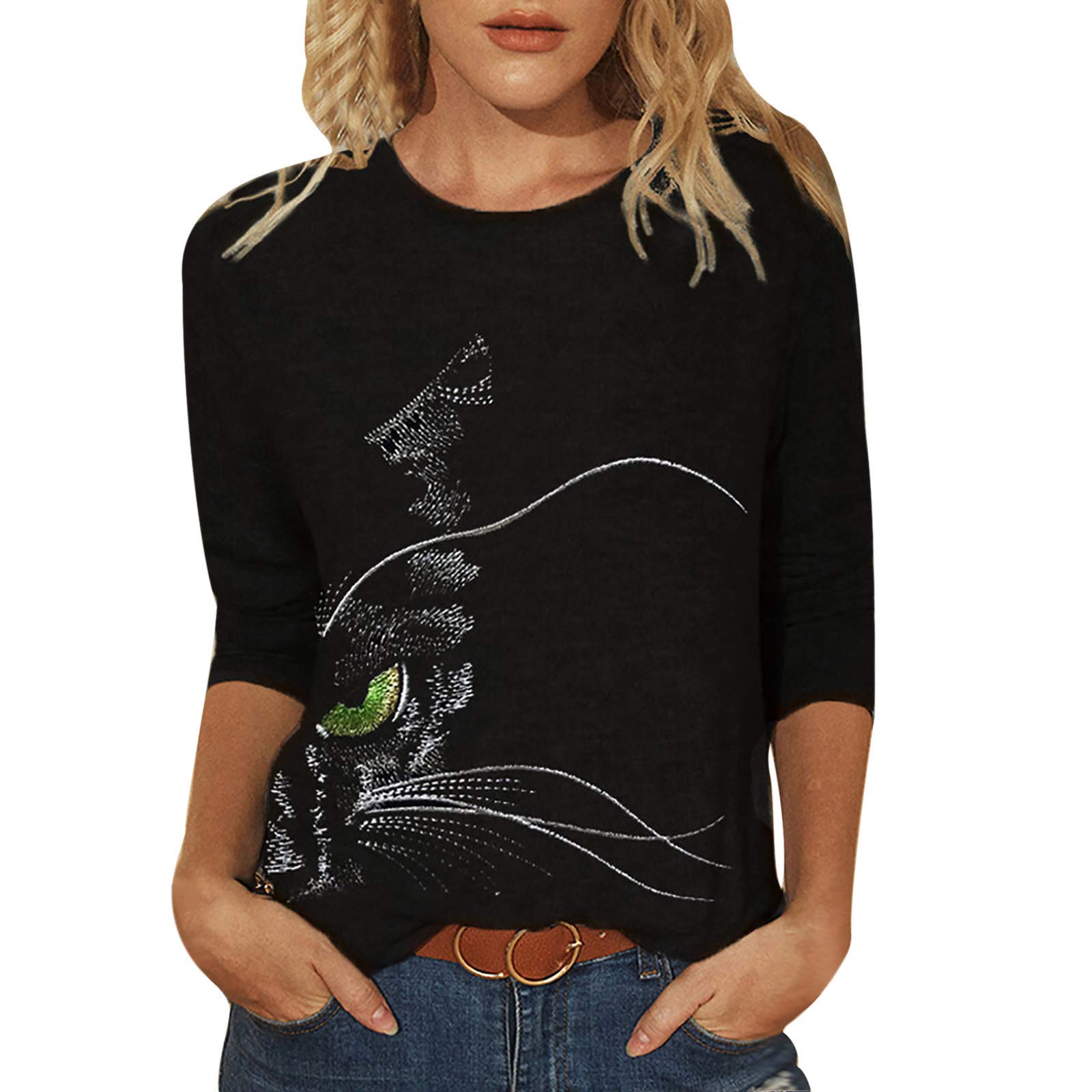 Qopobobo Women's Short Sleeve T-Shirts - Cute Cat Print Workout & Casual Summer Tops for Women | Gym, Yoga, Running & Everyday Wear