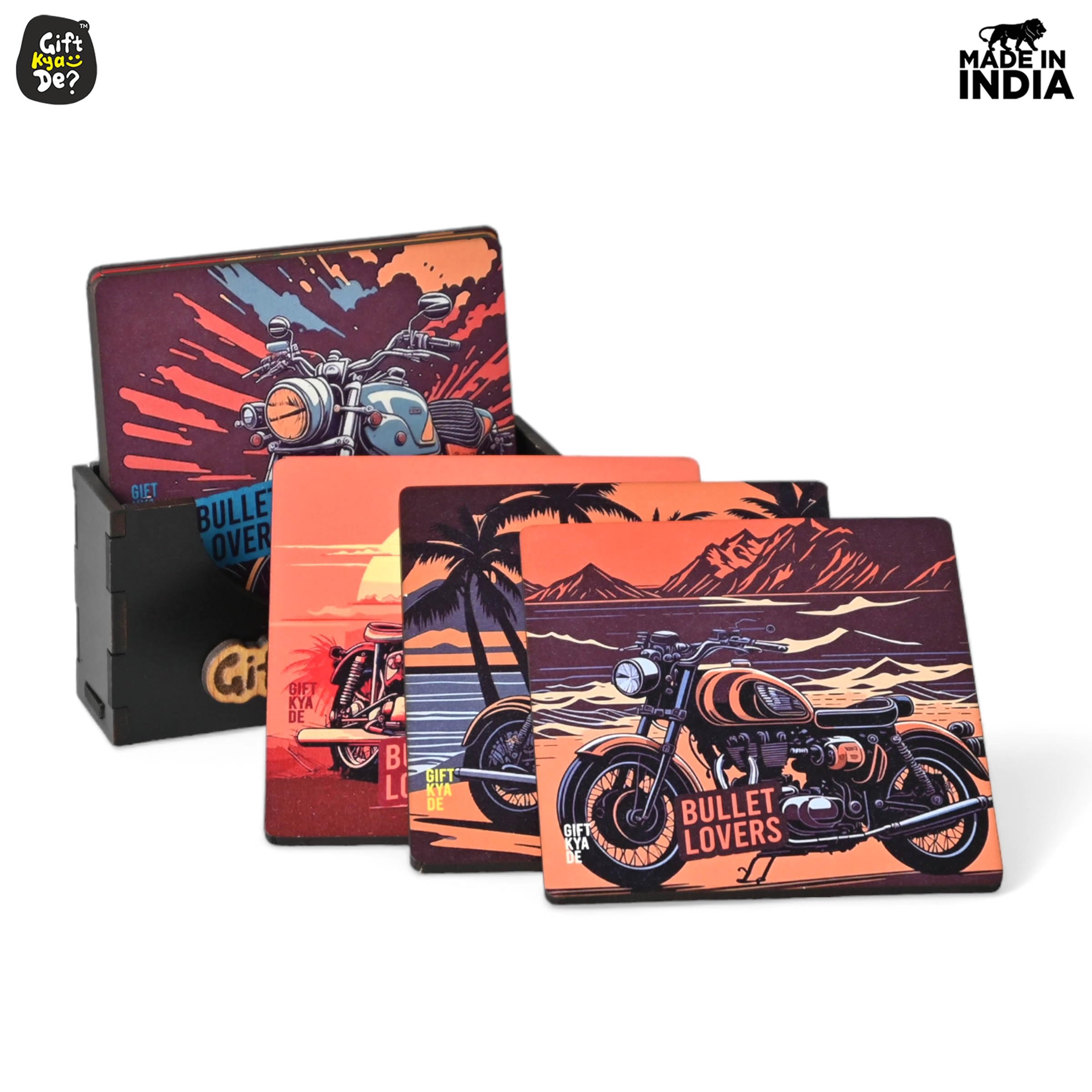 GKD 6-Piece Bullet Bike Coaster Set with Stand - Perfect for Tea, Coffee & Glasses - 3.8x3.8 Inch Square RE Bike Design - Ideal for Motorcycle Enthusiast Gifts & Home Bar Decor