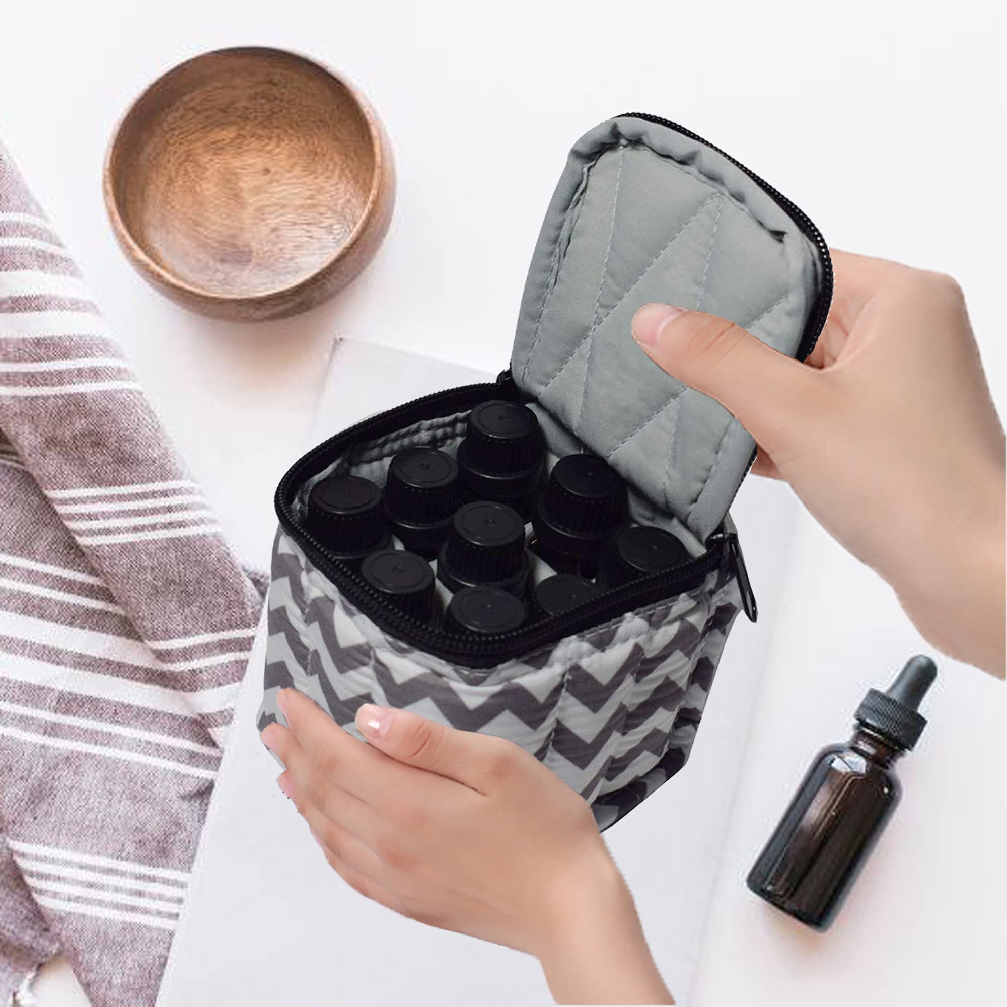 9 Bottles Essential Oil Travel Case - Shockproof Nail Polish Organizer for 5ml,10ml,15ml & Roller Bottles - Portable Handle & Double Zipper (Chevron Grey) - Perfect for Aromatherapy, DIY Beauty & On-the-Go Storage