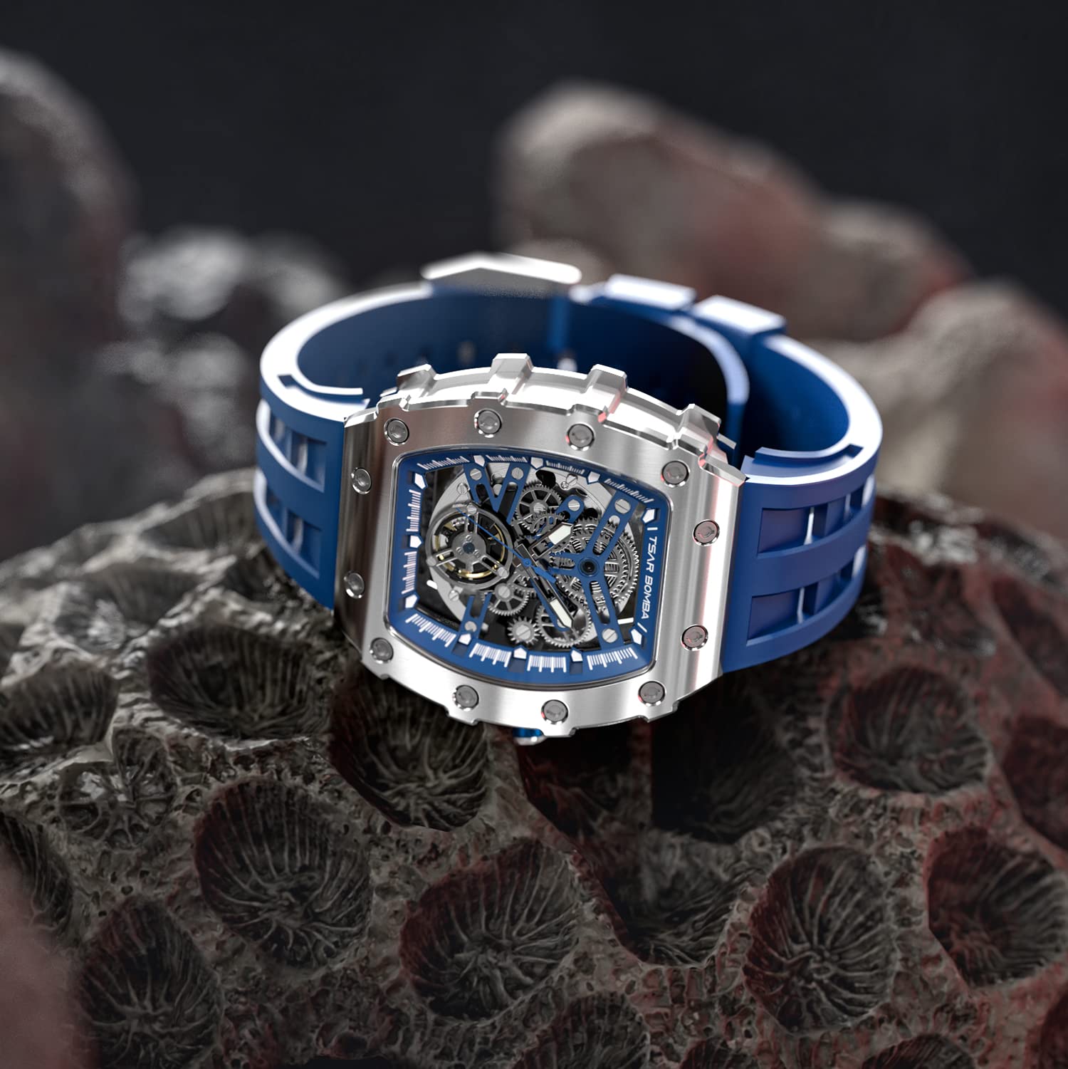 TSAR BOMBA Men's Luxury Automatic Watch - Japanese Mechanical Movement, 50M Waterproof, Stainless Steel Case & Sapphire Glass - Unique Big Face Tonneau Design - Perfect for Business, Formal Events & Fashion Gifts for Men