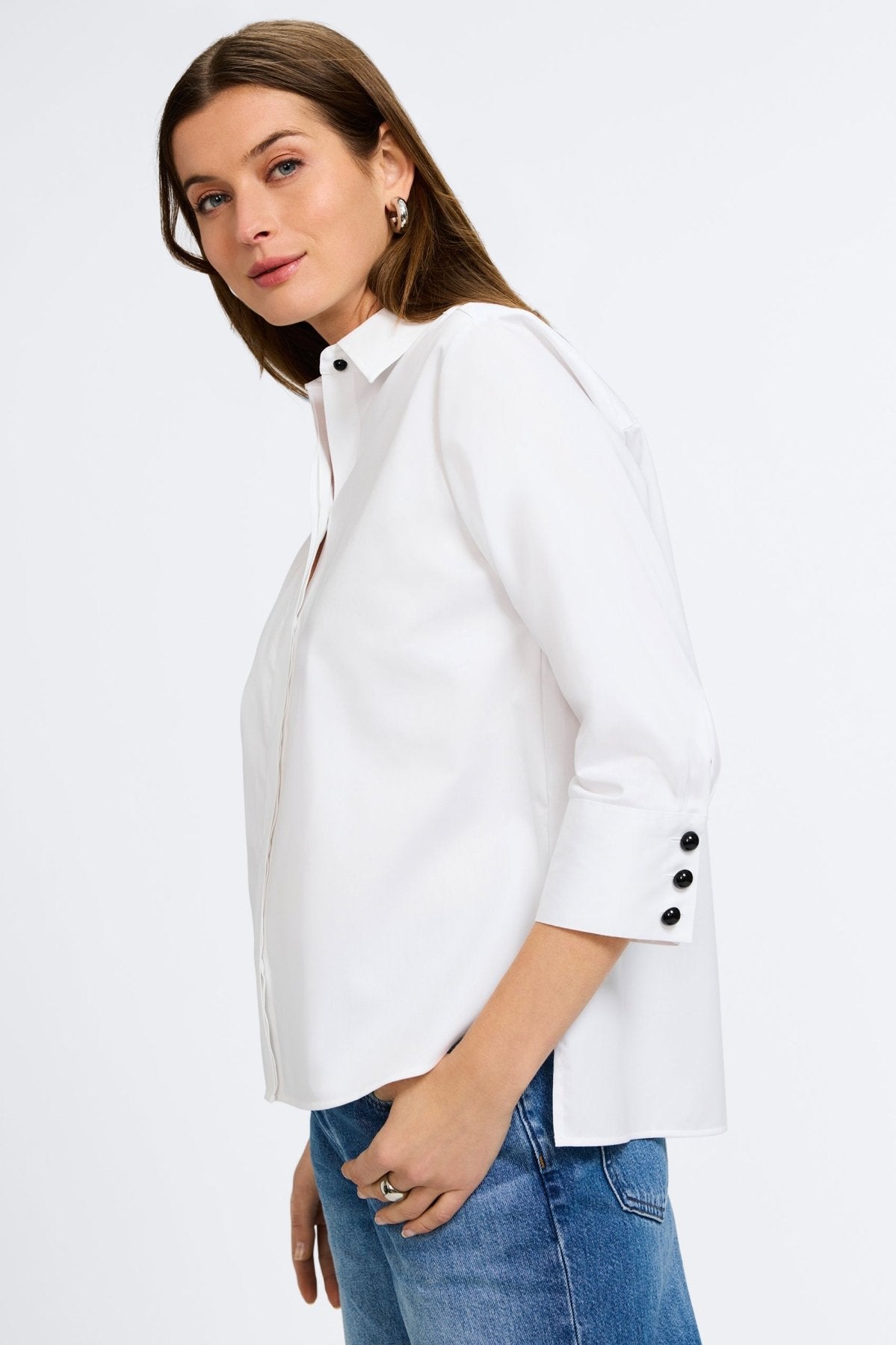 Pearl No Iron Stretch Matte Sateen 3/4 Sleeve Shirt for Women - Wrinkle-Free Comfort Blouse for Office & Business Casual Wear