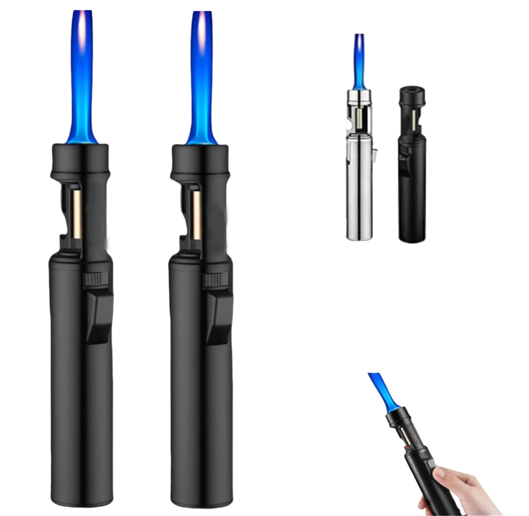 2025 New Windproof Butane Jet Lighter - Adjustable Flame, 360° Rotating Ignition, Built-in Bottle Opener - Refillable & Portable for Camping, BBQ, Outdoor Adventures (Black, 2-Pack)