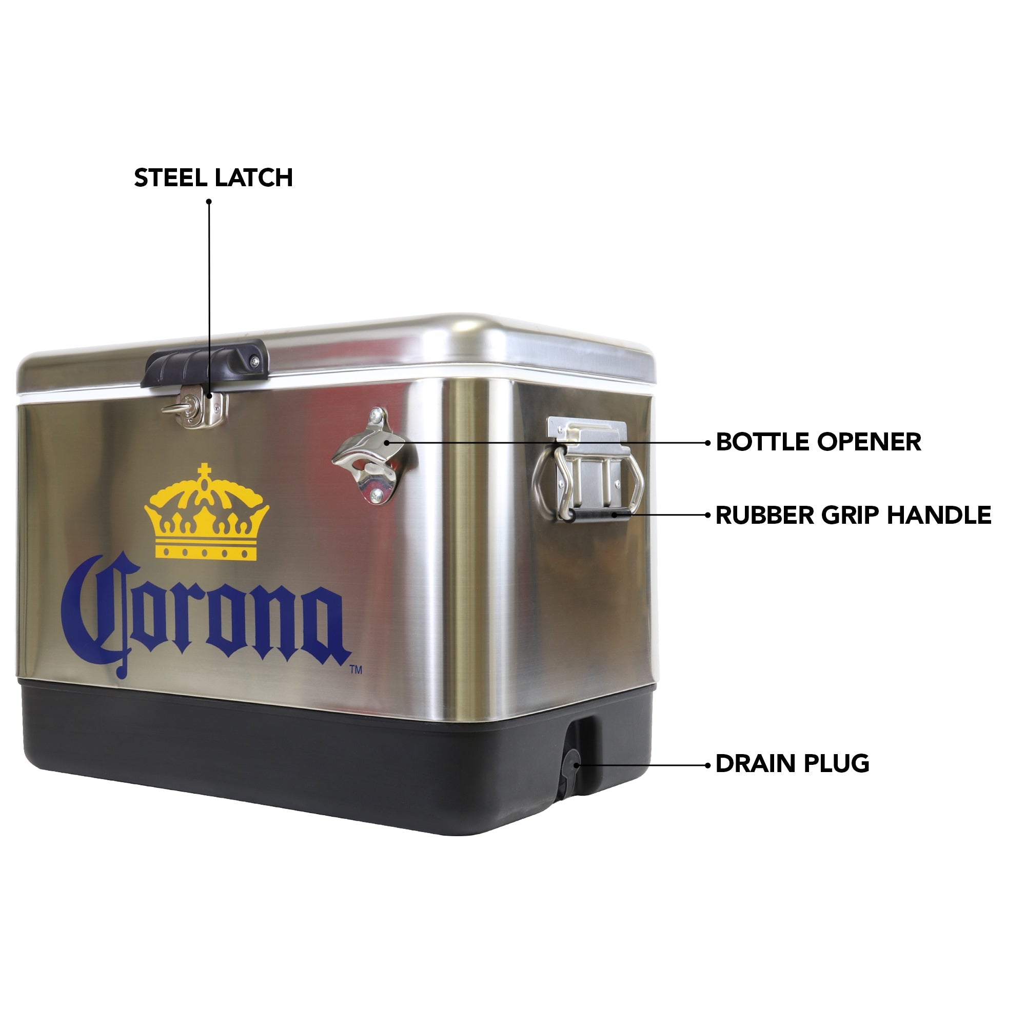 Premium 51L (54 qt) Stainless Steel Corona Ice Chest Beverage Cooler with Bottle Opener - Holds 85 Cans - Portable Cooler in Silver & Black for Camping, Beach, RV, BBQs, Tailgating, Fishing - Perfect for Outdoor Adventures & Parties