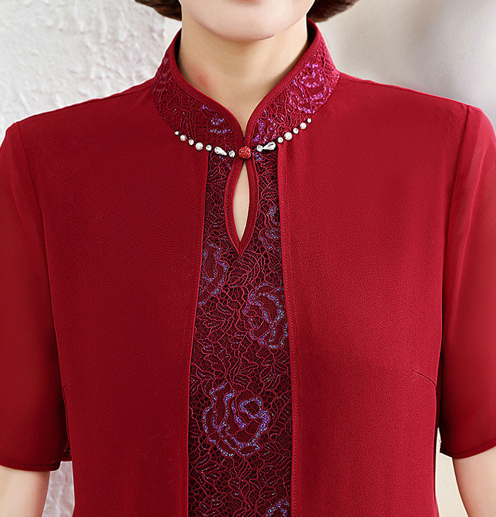 Elegant Red and Blue Floral Print A-Line Qipao Cheongsam Dress for Women - Perfect for Mother's Day, Weddings, and Special Occasions