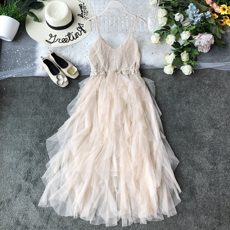 Elegant French Knit V-Neck Open Back Dress with Asymmetrical Mesh Cake Skirt - Perfect for Cocktail Parties, Date Nights & Special Occasions