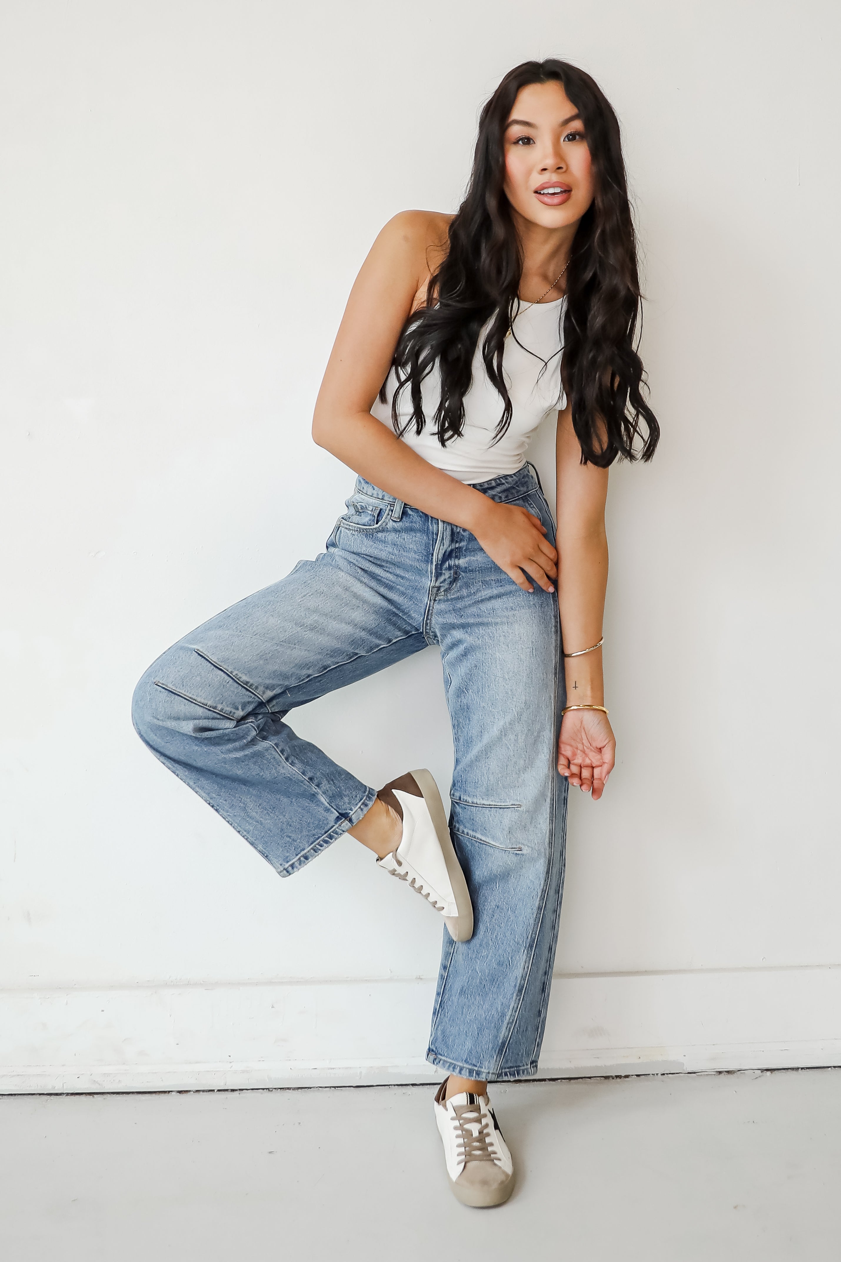Addy Medium Wash High Rise Barrel Jeans for Women - Vintage Inspired Stretch Denim Pants for Casual Wear & Everyday Outfits