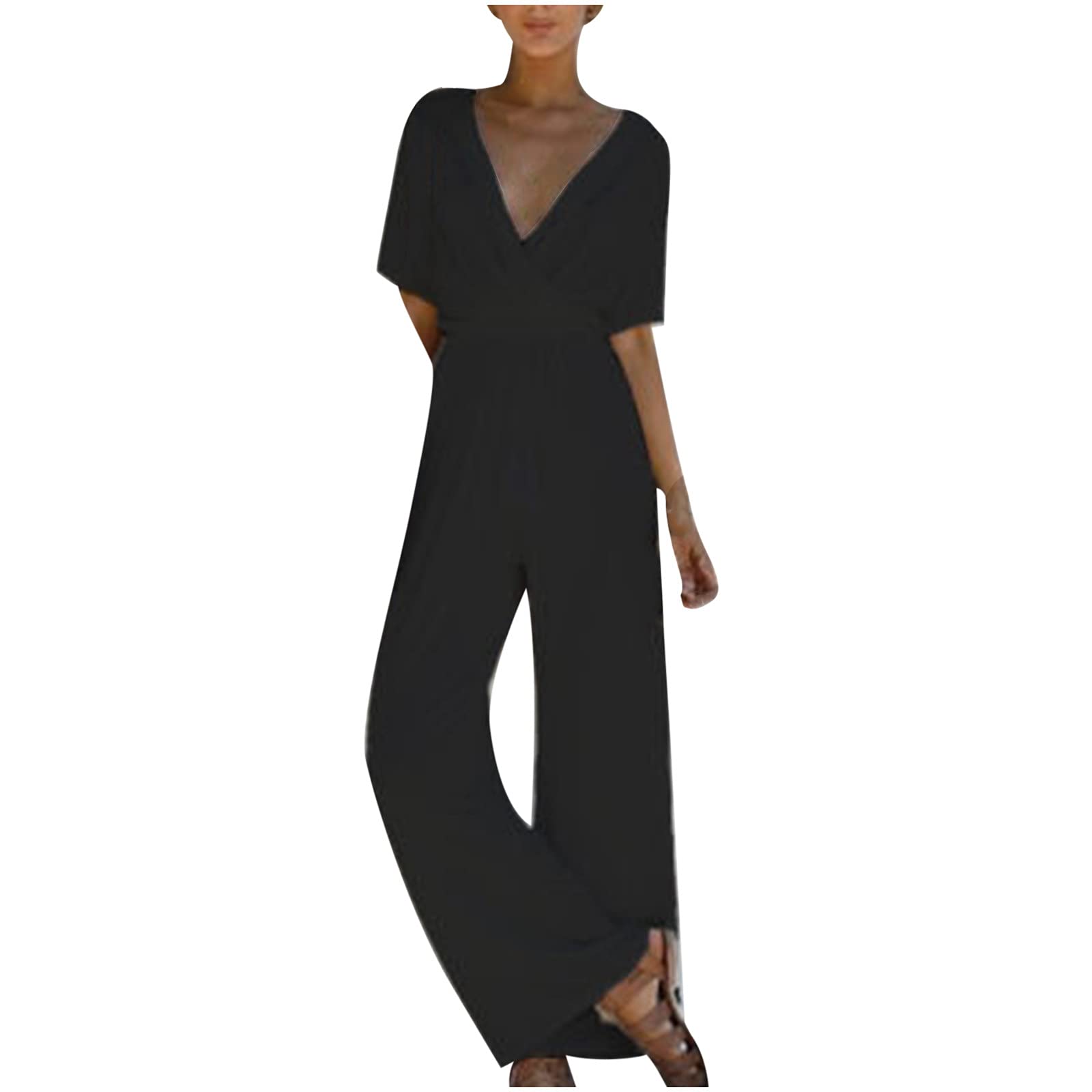 Women's V-Neck Short Sleeve Maxi Jumpsuit - Casual Loose Chiffon Romper with Wide Legs & Comfortable Fit - Perfect for Summer Outings, Beach Vacations and Everyday Wear