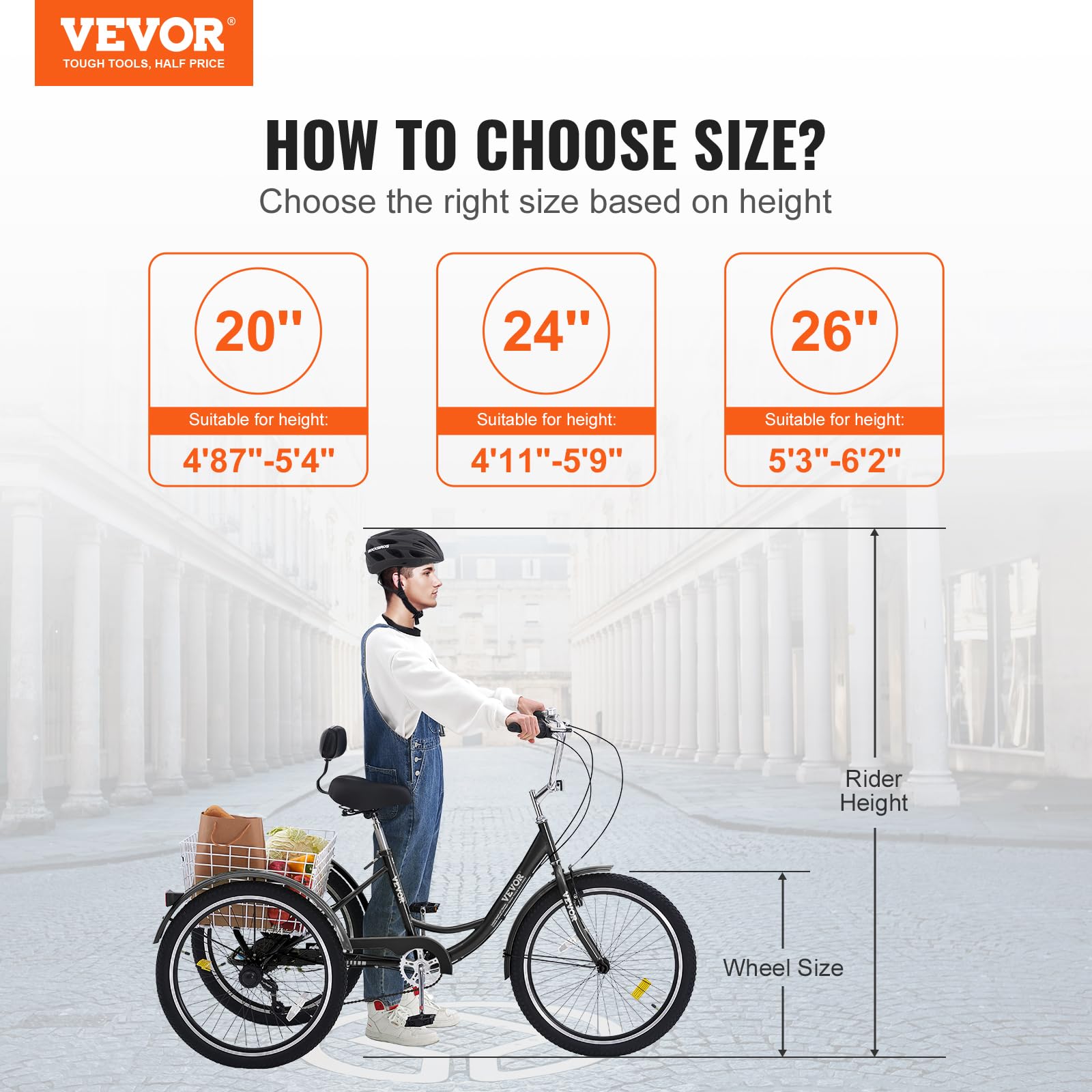 VEVOR Adult Tricycle 3-Wheel Bike for Seniors & Adults - Comfortable & Stable Ride for Exercise, Shopping & Leisure - 24/26 Inch Wheels, Adjustable Seat, Rear Basket Included