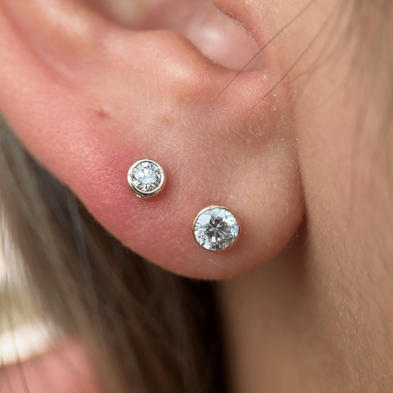14K White Gold Round Diamond Stud Earrings - Flat Back Bezel Set for Everyday Wear & Special Occasions