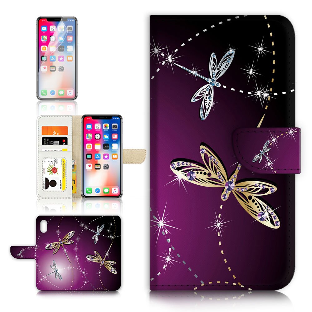 Premium Flip Wallet Case with Built-in Card Slots & Screen Protector for iPhone Xs/X - A20232 Dragonfly Design | Perfect for Everyday Use, Travel & Business Meetings