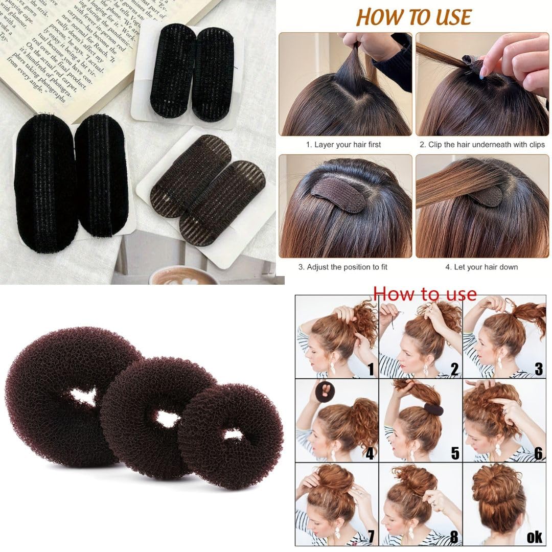 Black Hair Donut Bun Maker Set - 3 Pcs Hair Styling Donuts & 2 Pcs Volume Boosting Sponge Clips for Perfect Buns & Updos | Easy-to-Use Hair Accessories for Women | Great for Parties, Weddings & Everyday Styling