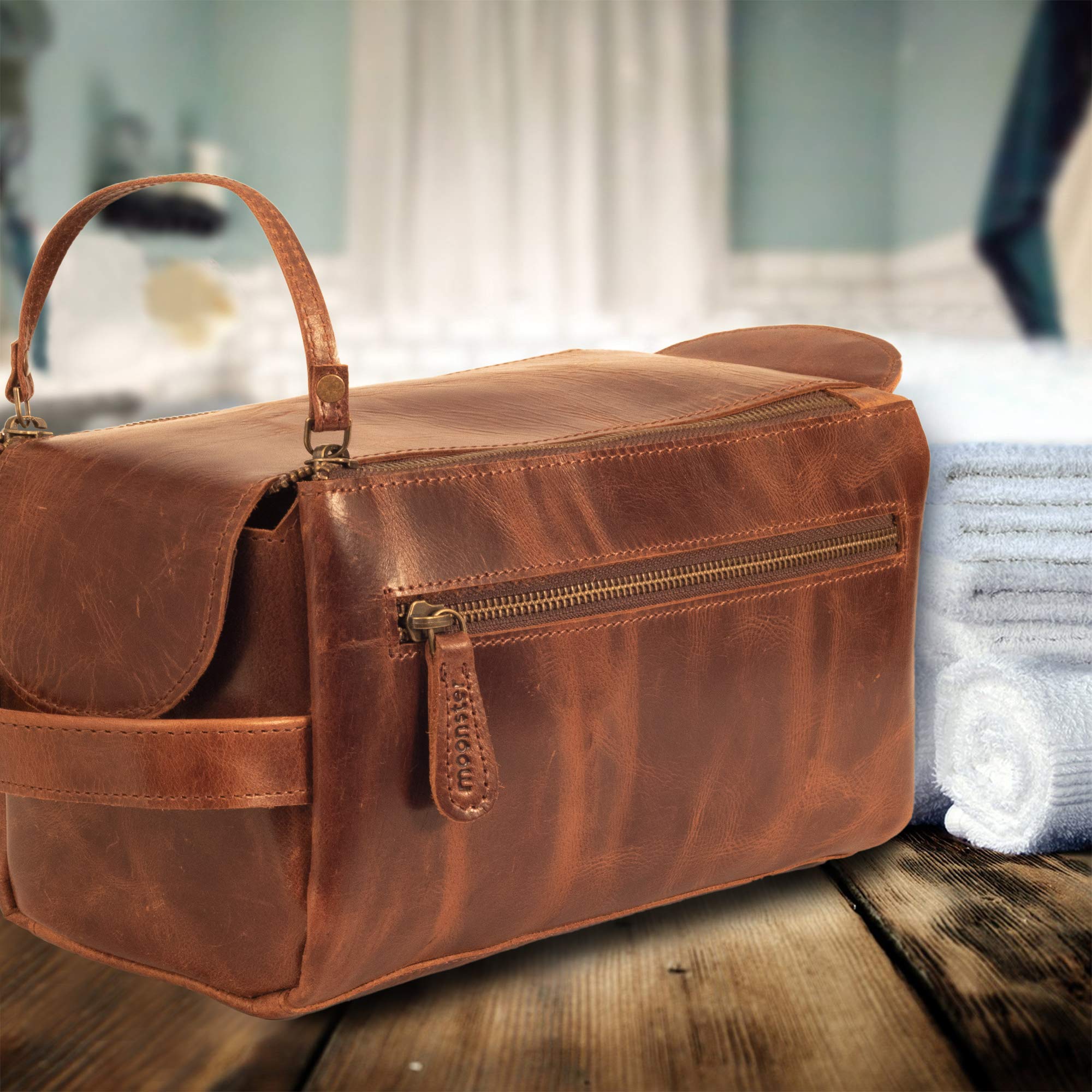 Premium Full Grain Buffalo Leather Travel Toiletry Bag for Men & Women - Large Durable Dopp Kit with Shaving Organizer - Waterproof Cosmetic & Toiletries Pouch for Business Trips, Gym, Camping & Vacation Essentials