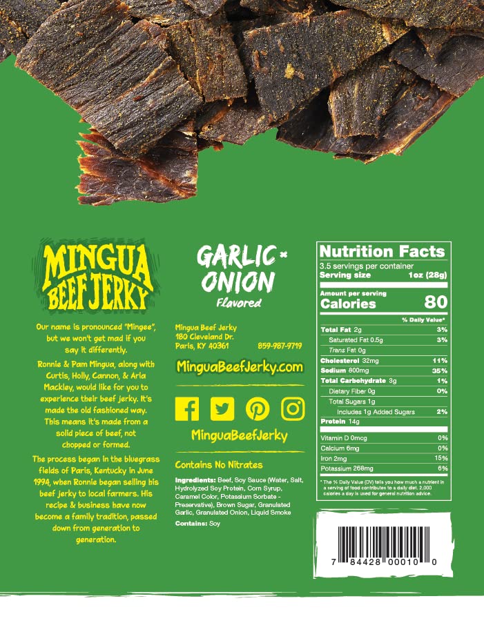 Mingua Beef Jerky Variety Pack - 2 Mild & 2 Garlic Onion Flavors (14 oz Total, 4 Bags) | High Protein Snack for Hiking, Camping, Road Trips & Keto Diet