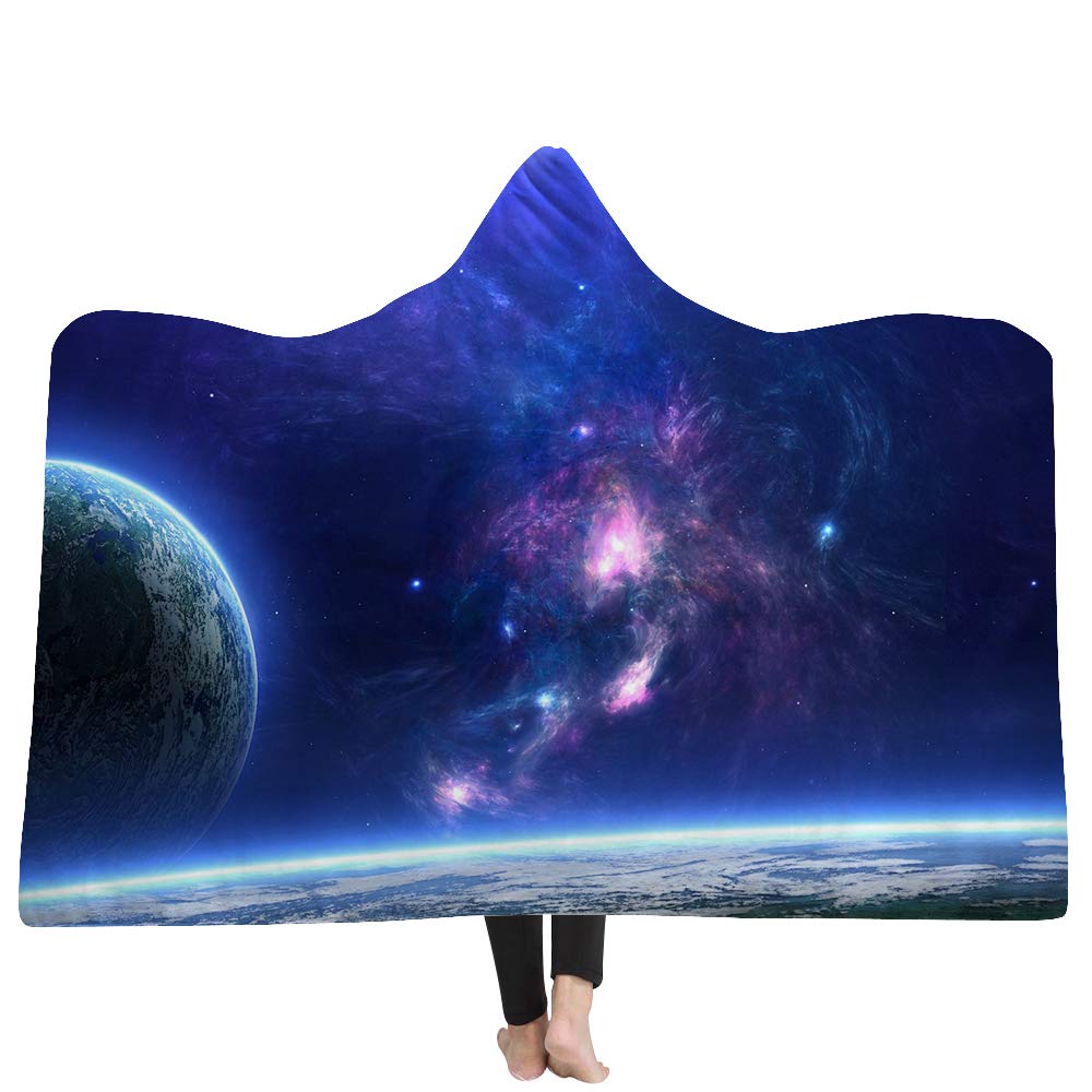 WSHINE Nebula Sherpa Fleece Throw Blanket - Blue Hooded Blanket with Earth Planets & Stars Galaxy Print for Adults, Soft Plush Wrap Throw 80