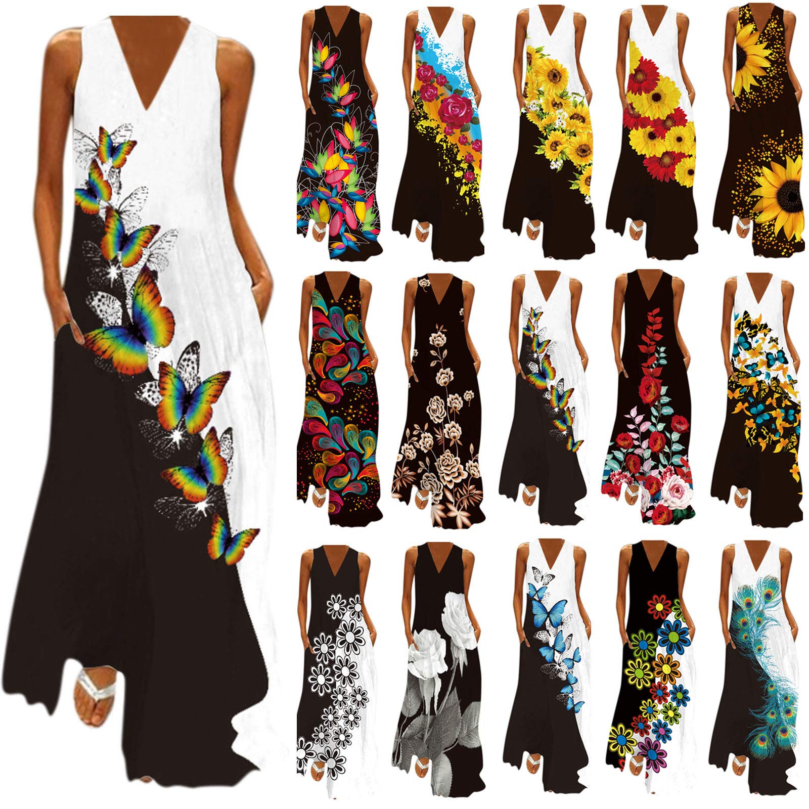 Fankle Women's Sleeveless Vintage Maxi Dress - Boho Beach Sundress with Pockets for Summer | Casual Long Dresses for Women | Perfect for Beach Vacations, Outdoor Parties & Summer Getaways