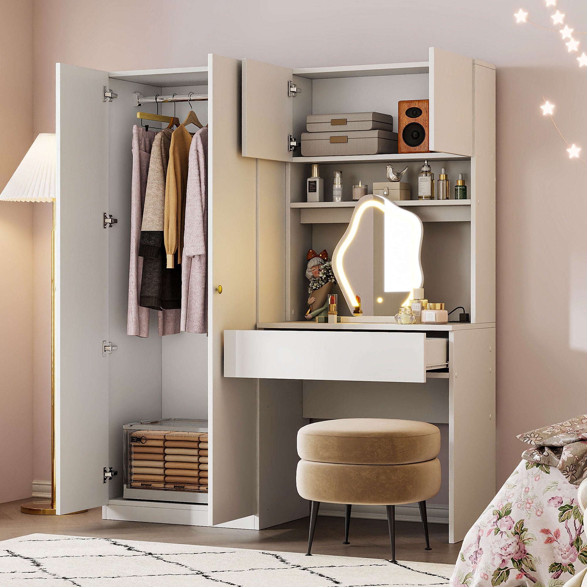 White 2-Door Wooden Storage Vanity Wardrobe with Makeup Mirror & Drawers - Bedroom Organizer for Clothes, Jewelry & Cosmetics | Perfect for Small Spaces & Master Bedrooms