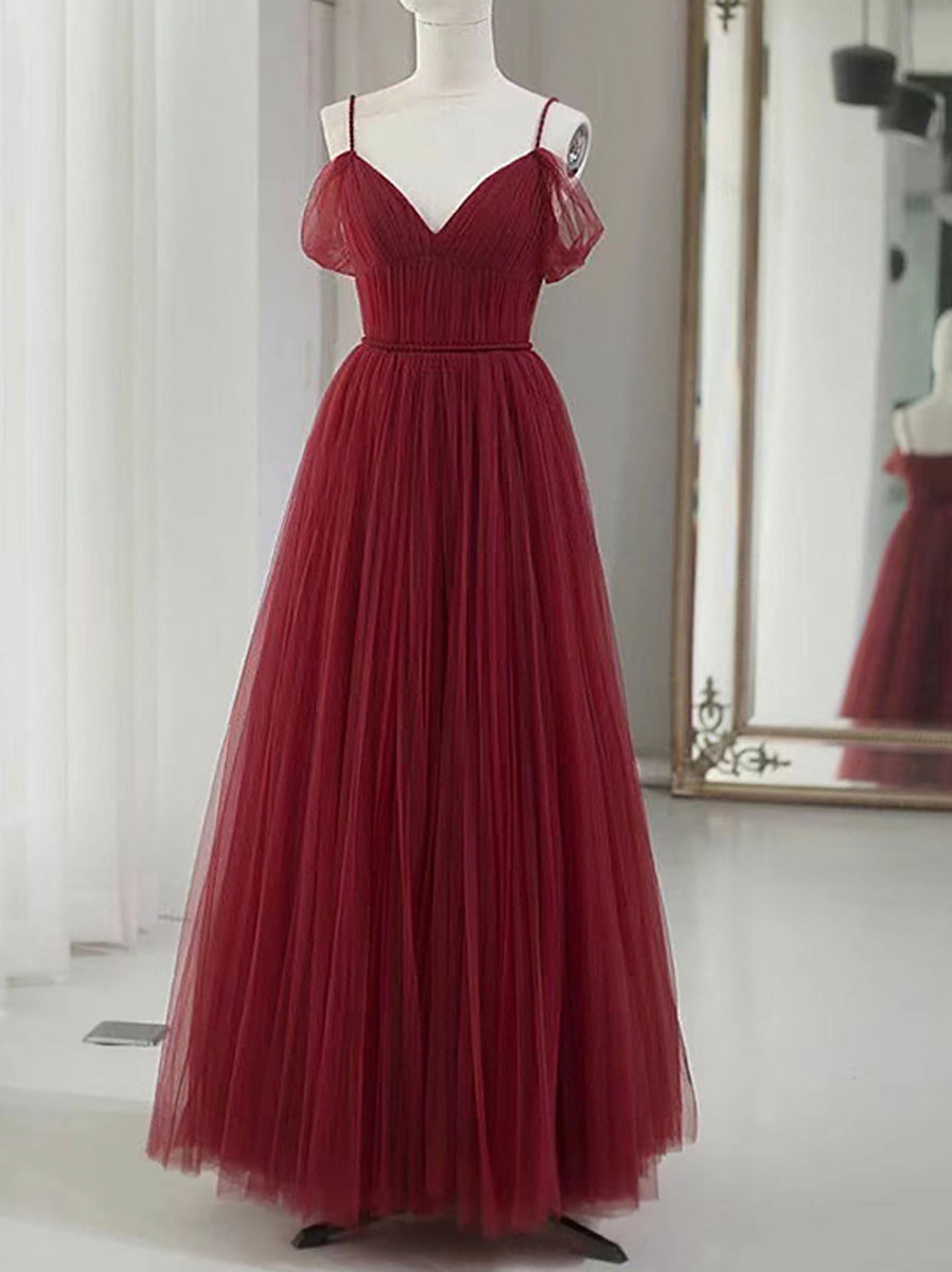 Elegant Burgundy V-Neck Tulle Long Prom Dress for Women - Formal Evening Gown for Homecoming, Wedding Guest & Special Occasions