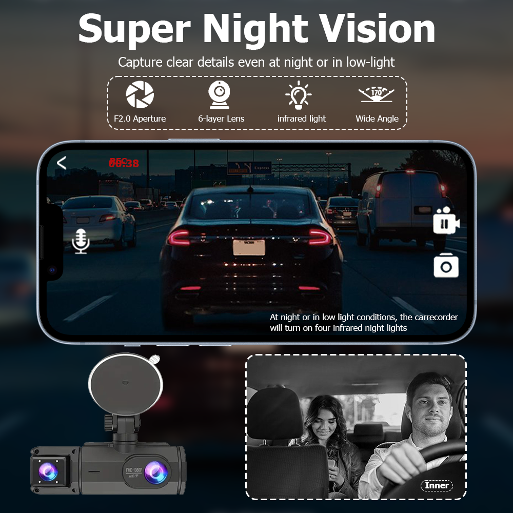 Mpow 2 Inch IPS Screen Triple Lens WiFi HD Car Dash Cam - 1080P Night Vision, G-Sensor, Loop Recording for Safe Driving & Accident Evidence