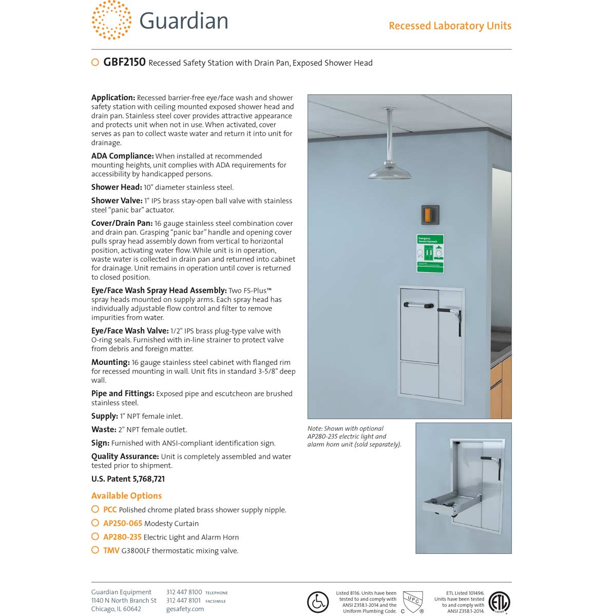 Guardian GBF2150 Recessed Emergency Drench Shower & Eye/Face Wash Station - ANSI Compliant Safety Equipment for Chemical Spills in Labs & Industrial Workplaces