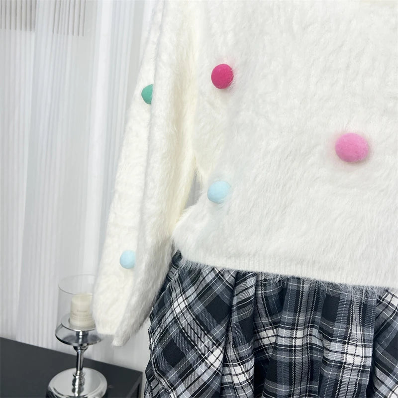 Women's White Mink Fur Ball Decor Short Knit Sweater - Round Neck Long Sleeve Pullover Top for Autumn Winter | Casual Streetwear & Vacation Outfit