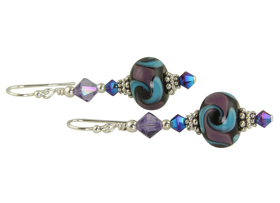 Purple Aqua Cosmic Swirls Lampwork Glass Earrings - Handmade Bohemian Dangle Earrings for Women - Perfect for Boho Fashion, Festivals & Special Occasions