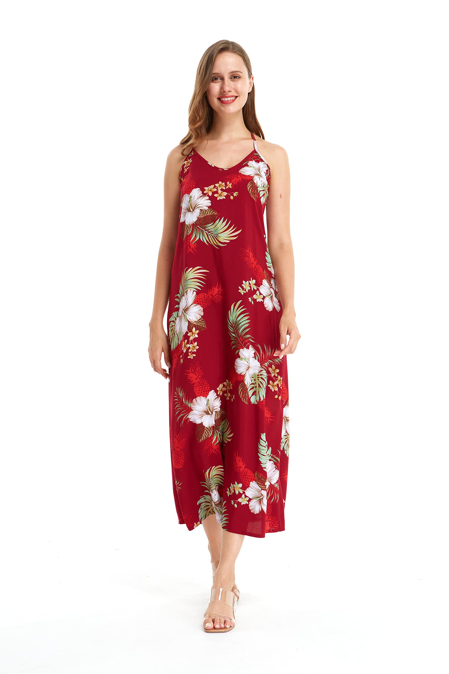 Women's Hawaiian Luau Pineapple Print Maxi Dress with Sweetheart Neckline - Navy Blue Tropical Summer Beach Party Outfit for Vacation & Poolside Gatherings