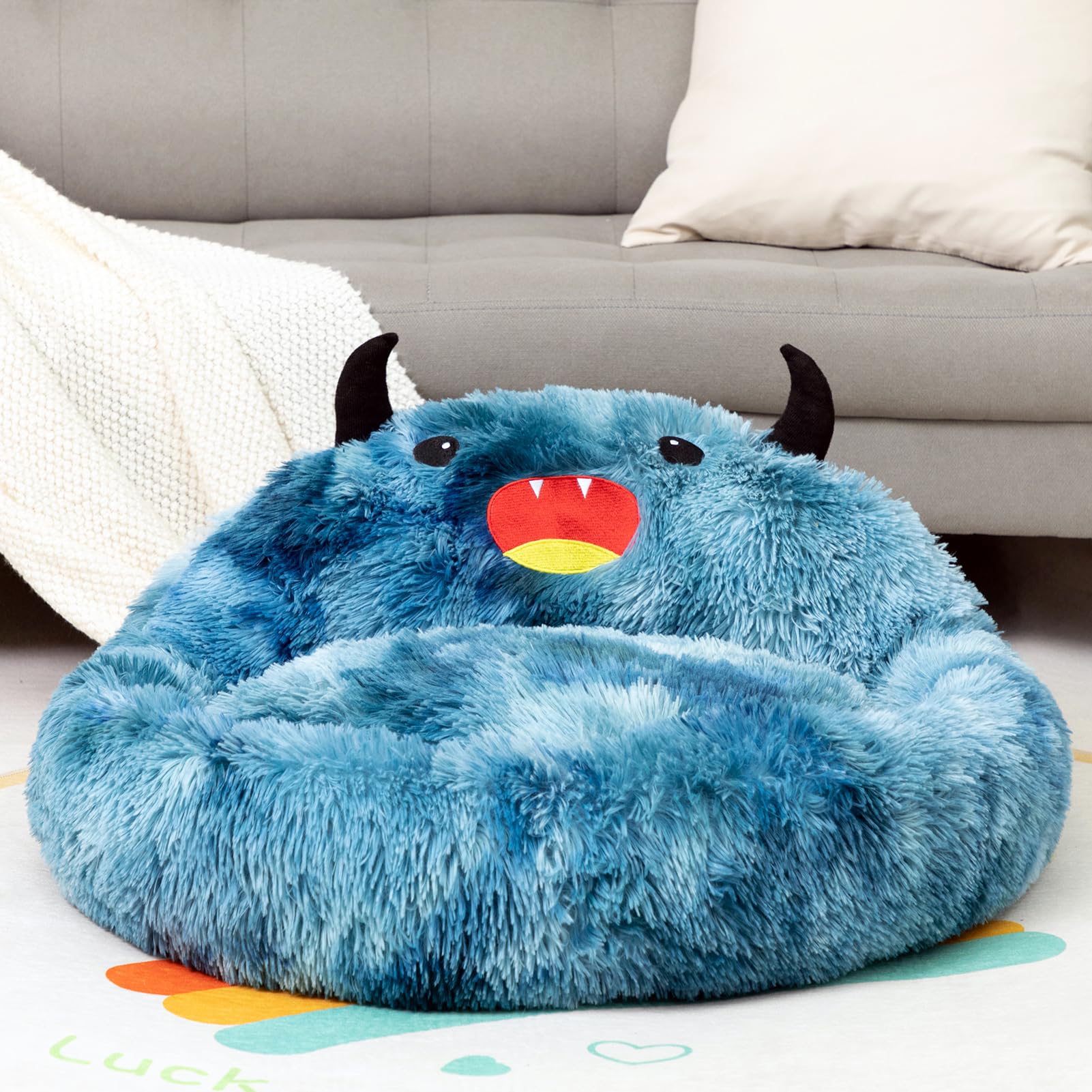 Hollypet Self-Warming Donut Pet Bed - Round Faux Fur Luxury Cozy Cat & Dog Bed - Soft Monster Sleeping Nest for Pets - Large Blue - Perfect for Winter Warmth & Indoor Comfort