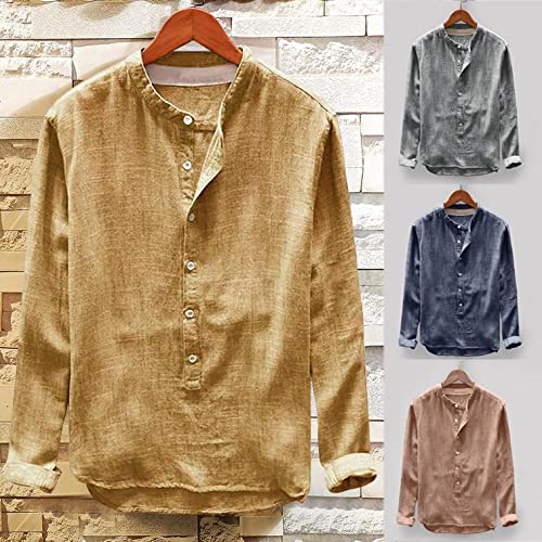 Cenlang Men's Plus Size Cotton Linen Henley Shirt - Long Sleeve Casual T-Shirt for Yoga, Beach & Everyday Wear | Breathable Solid Color Top