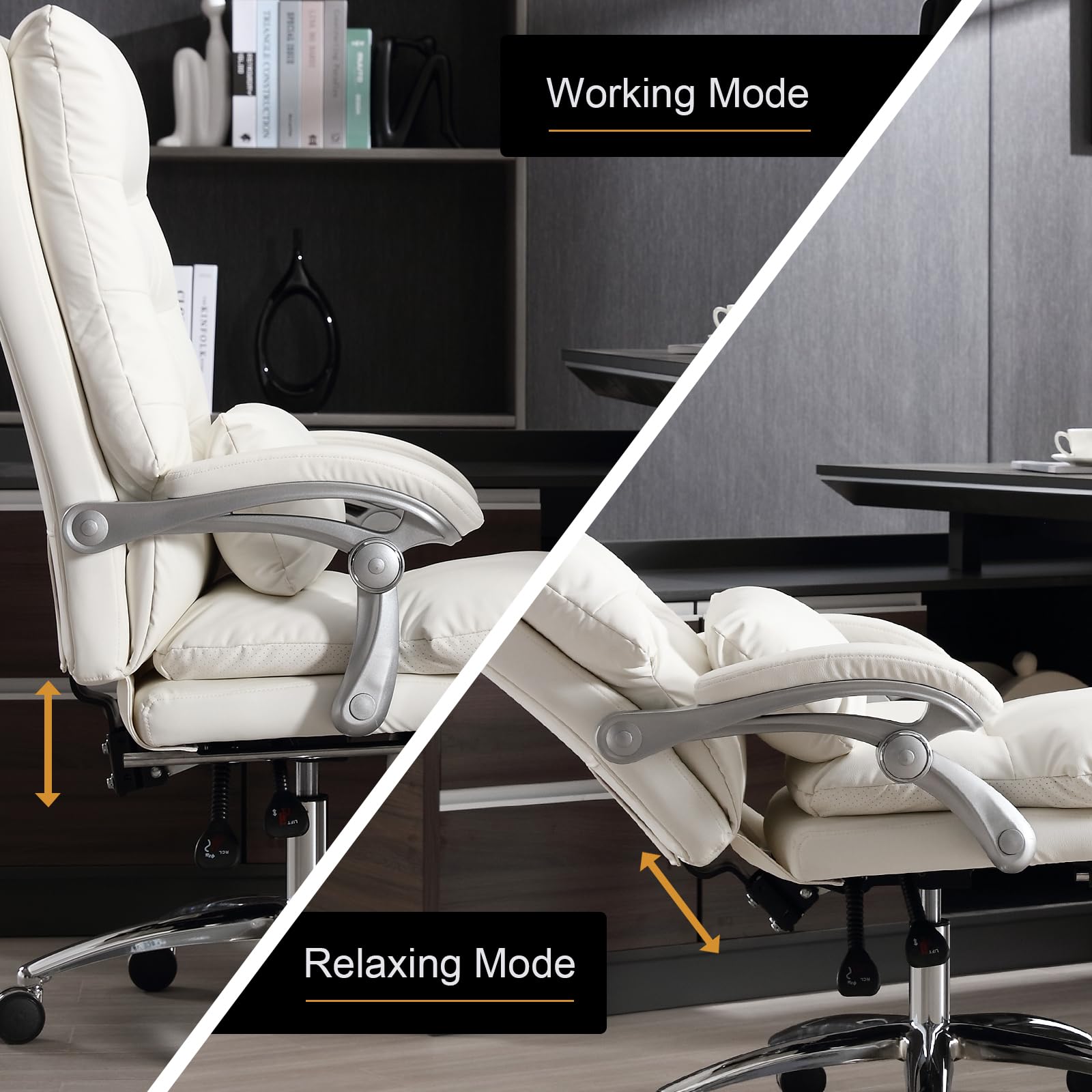 Ergonomic Office Chair with Footrest - High Back Executive Desk Chair with Padded Adjustable Armrests, Reclining Swivel Chair with Wheels & Double Thick Cushion for Comfort (Cream White) - Perfect for Home Office, Gaming, and Workspaces