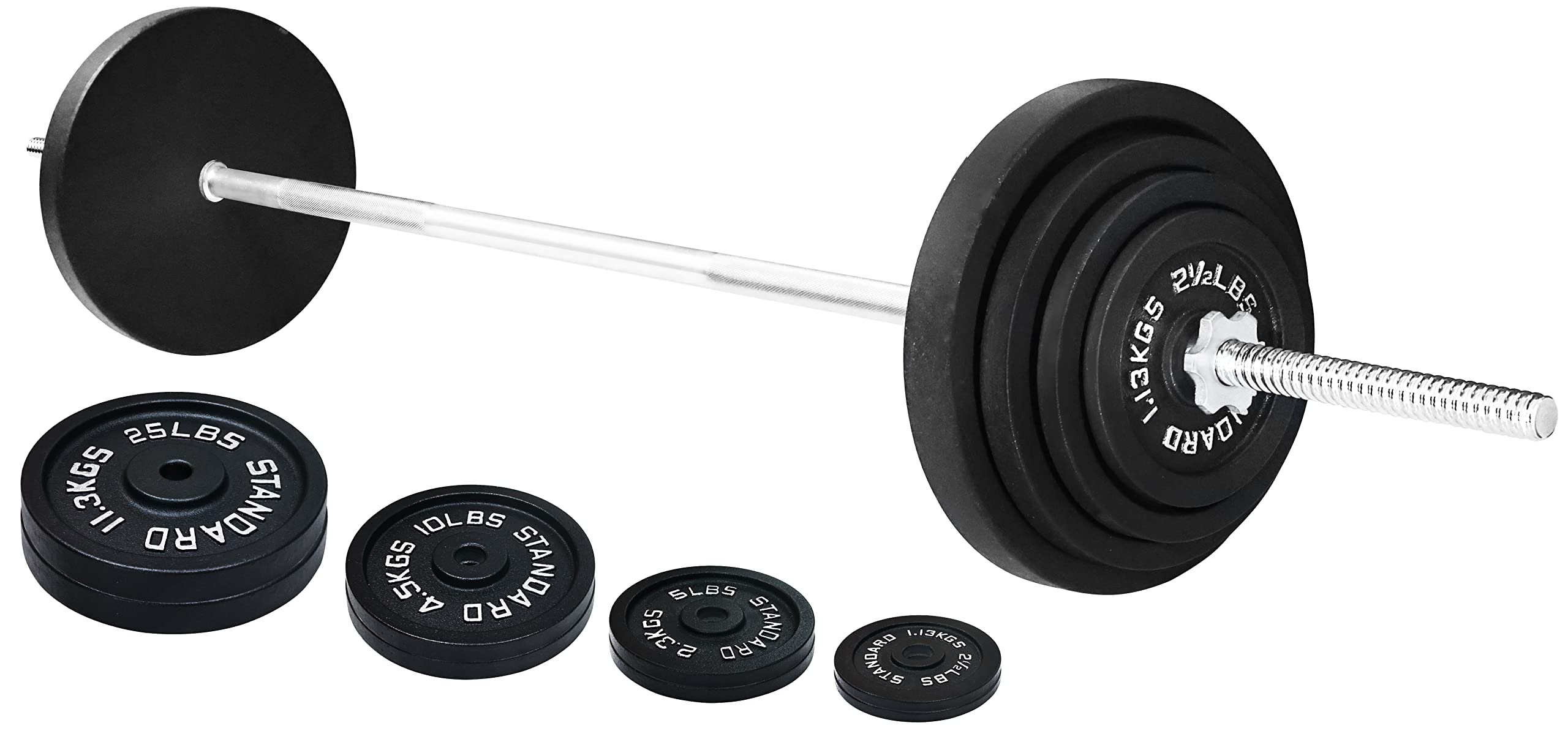 Cast Iron Standard Weight Plates Set with 5FT Barbell & Star Locks - 95LB Total (85LB Plates + 10LB Barbell) for Home Gym, Strength Training & Weightlifting - Multiple Styles Available