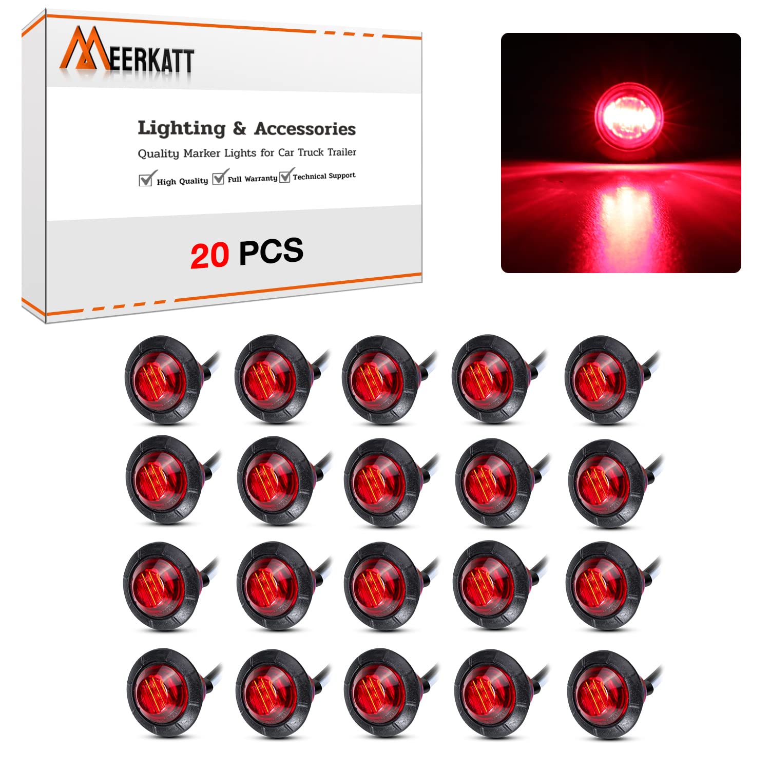 MADCATZ 20pcs 3-LED Red Bullet Marker Lights - 3/4 Inch LED Side Marker Lights for Trucks, Trailers & Commercial Vehicles - Waterproof & Durable Clearance Lights for Night Driving Safety