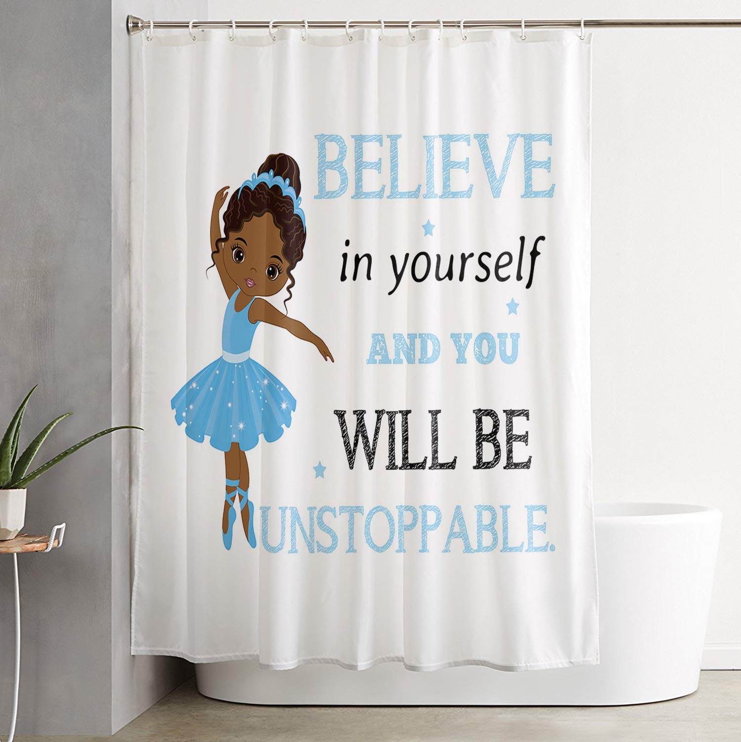 African Ballerina Black Girl with Blue Dress Waterproof Bathroom Shower Curtain - 72x72 Inches Polyester Fabric with Hooks, Positive Text White Back - Perfect for Bathroom Decor, Kids' Room, and Themed Home Decor
