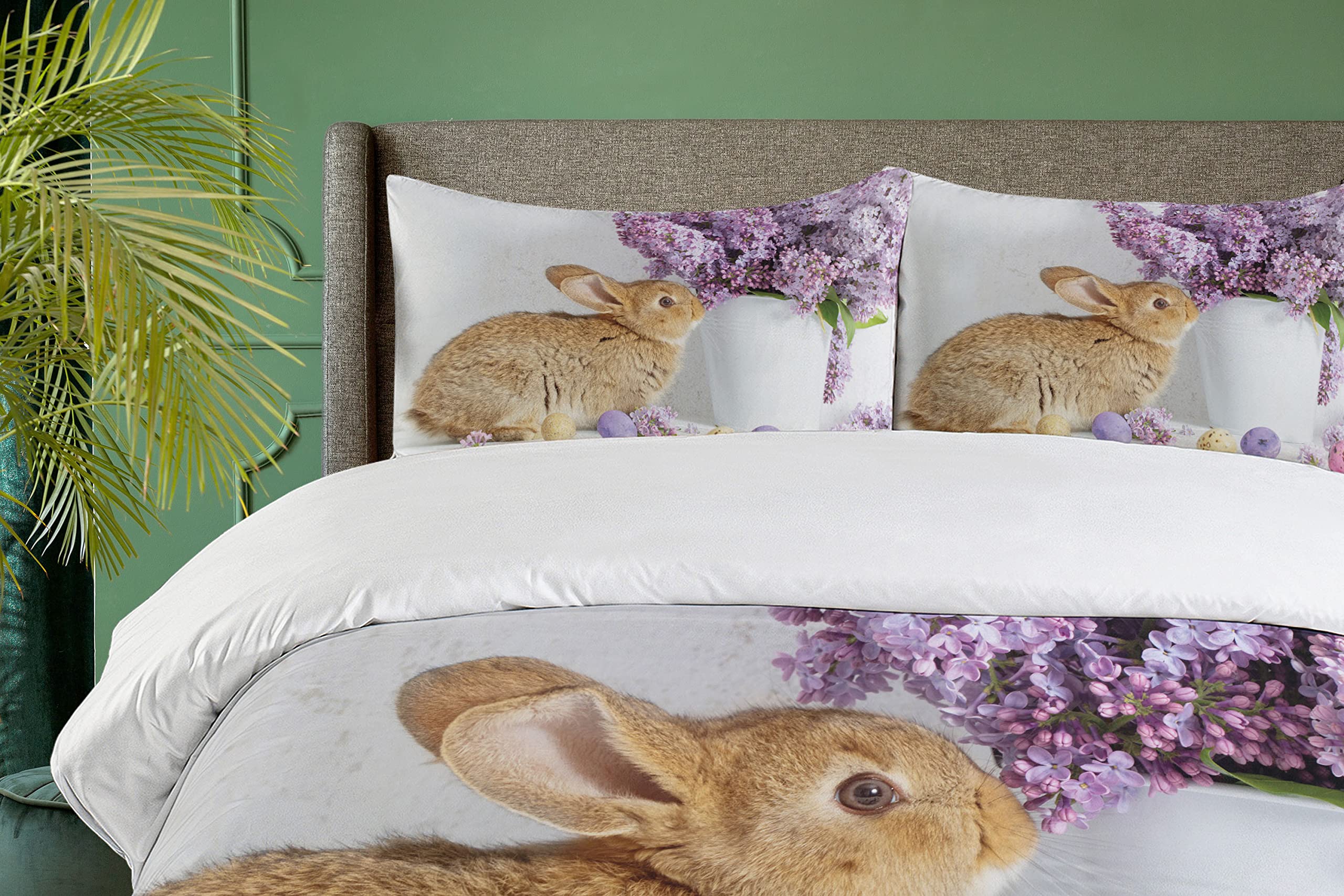 Ambesonne Easter Bunny Duvet Cover Set - Brown Rabbit with Lilac Flowers & Dyed Eggs Floral Design, 2-Piece Twin Size Bedding with Pillow Sham | Spring Decor, Easter Gift, Kids Room Decor