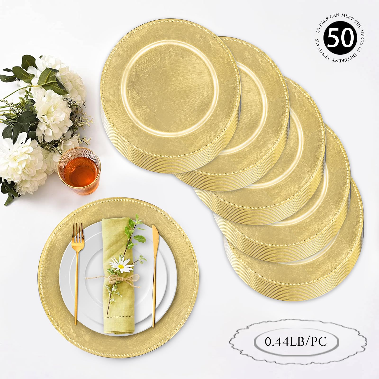 MAONAME 50-Pack Gold Foil Charger Plates 13 Inch - Elegant Beaded Plastic Round Chargers for Wedding, Party & Formal Dinner Table Settings - Bulk Disposable Plates for Events, Banquets & Home Decor