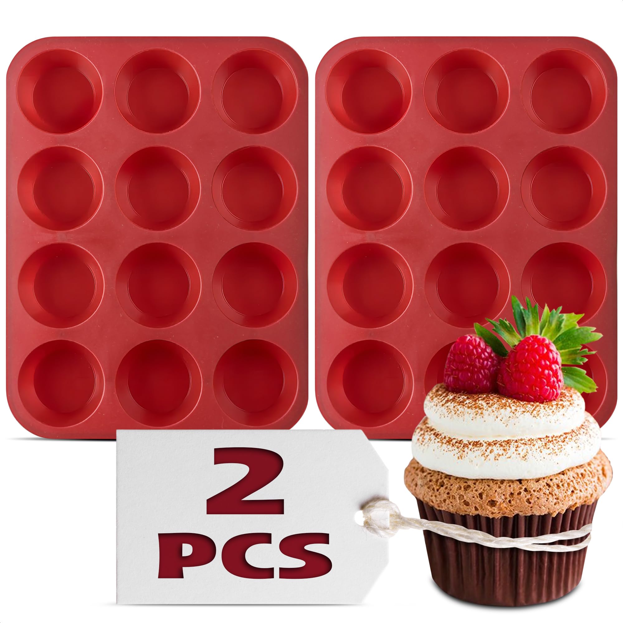Premium Nonstick Silicone Muffin Pan Set - 12-Cup Deep Muffin Tray (2-Pack, 2-Inch Height) for Baking Cupcakes, Muffins & Desserts - Perfect for Home Baking, Party Treats & Holiday Cooking