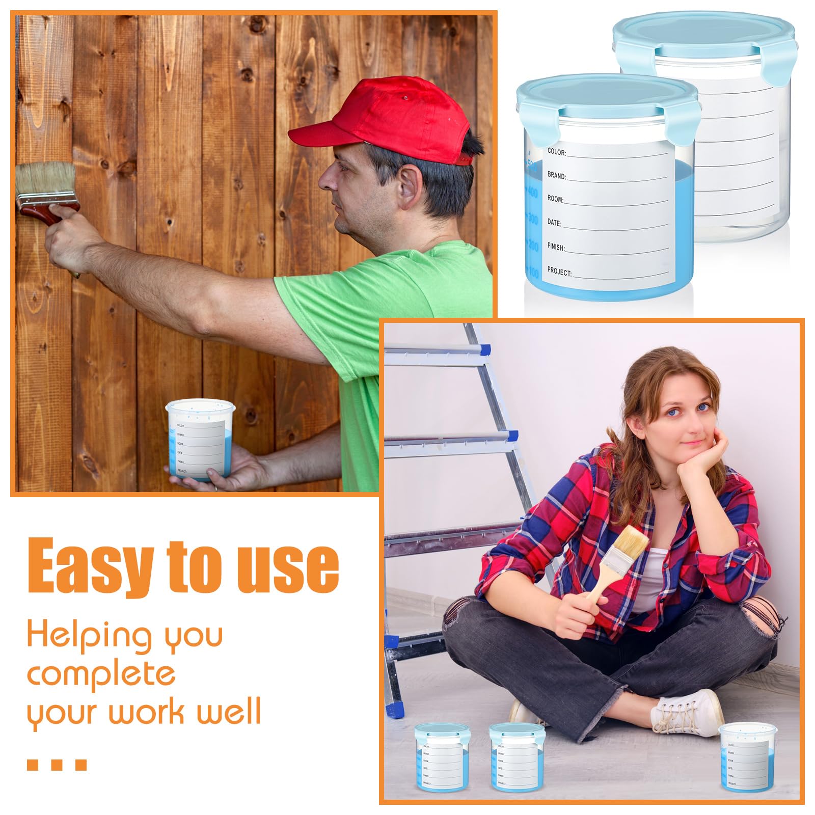 Skylety 8-Piece Airtight Plastic Paint Storage Containers with Lids & Stainless Steel Mixing Balls - 800ml Touch Up Paint Cups (Blue) - Perfect for Artists, DIY Projects & Home Renovations