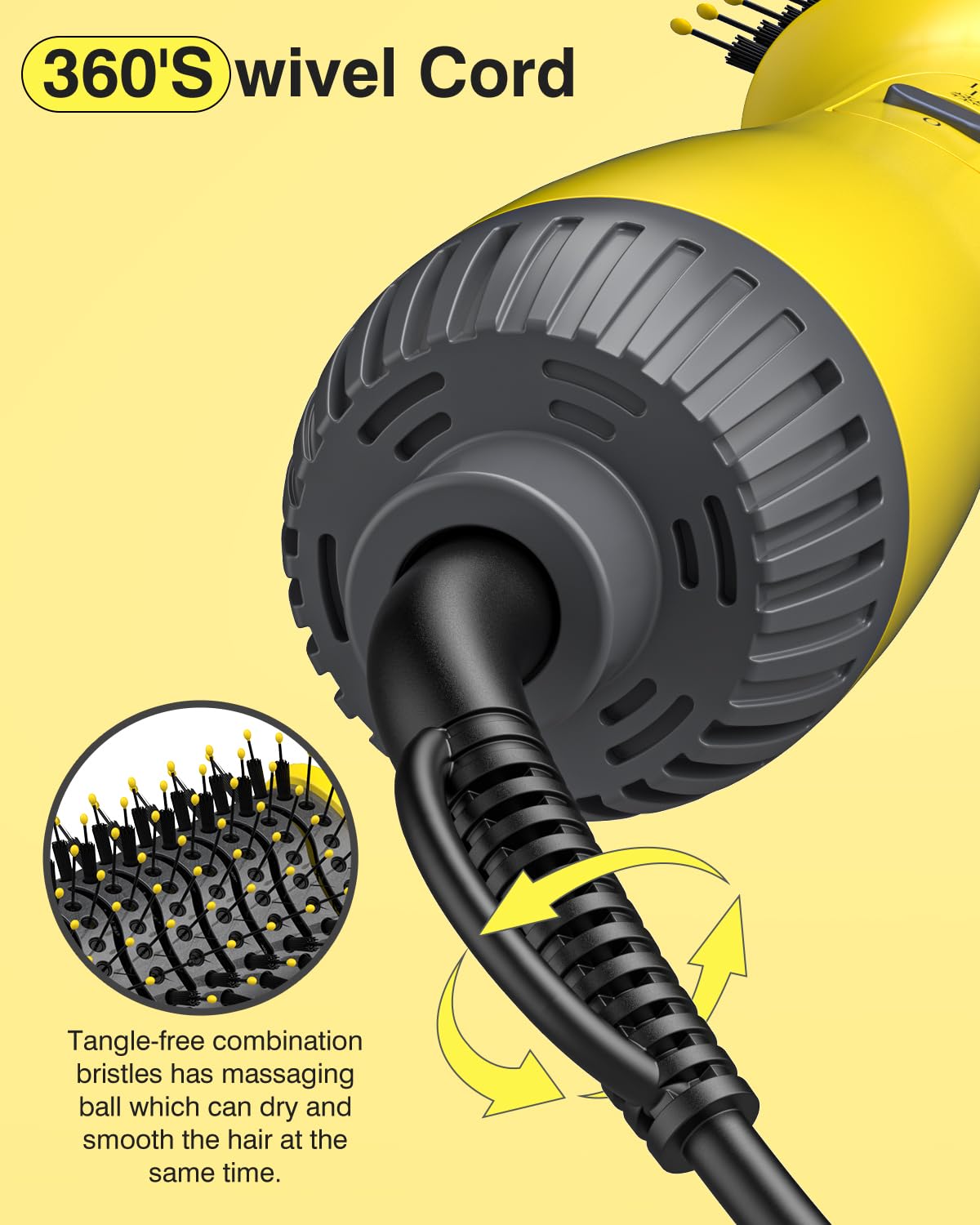 4 in 1 Hot Air Brush Hair Dryer & Styler Volumizer with Negative Ionic Technology - Yellow Blow Dryer Brush for All Hair Types | Perfect for Home Salon Styling, Travel & Quick Hair Drying