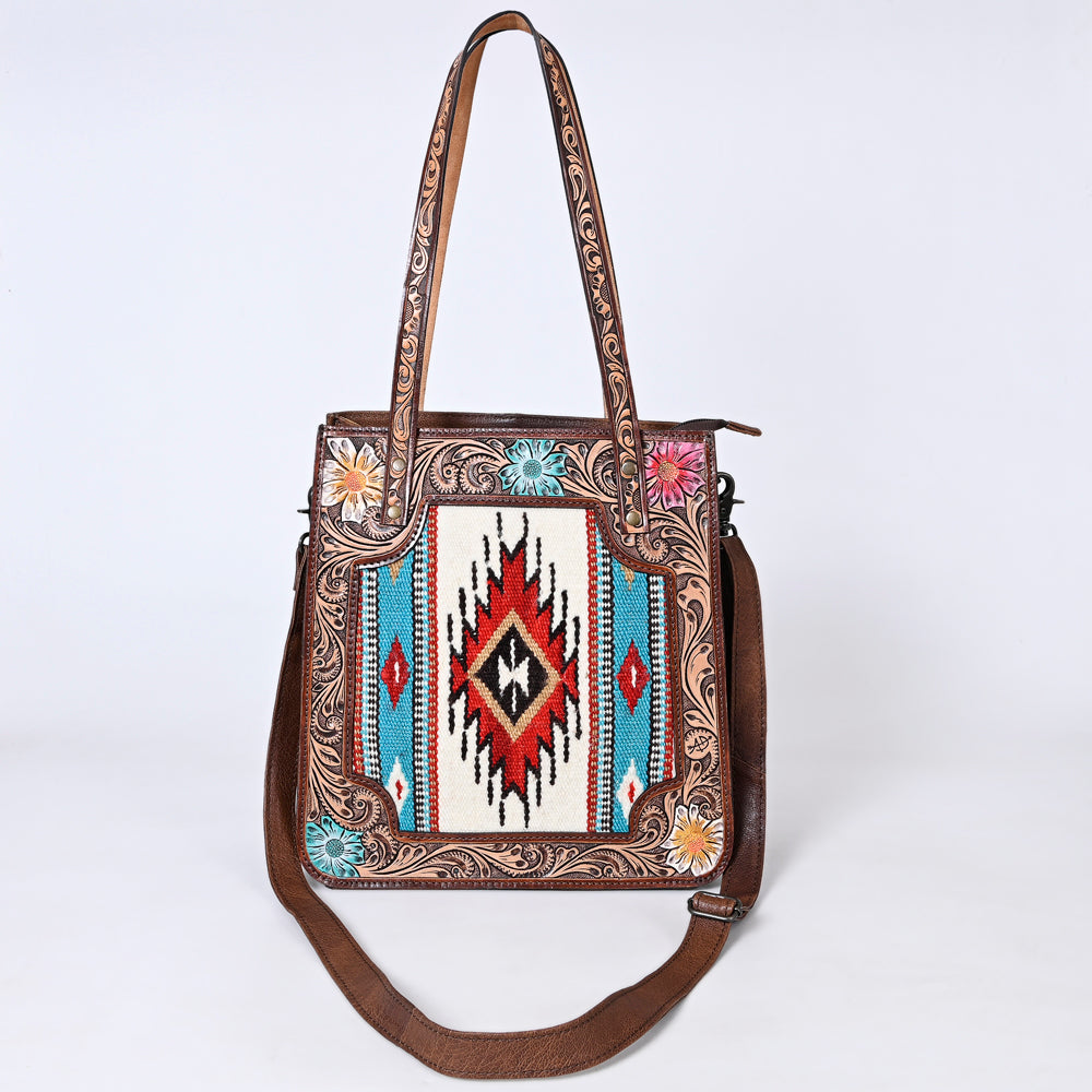 ADBG1149 Genuine Leather Western Women's Tote Bag - Hand Tooled Saddle Blanket Design for Cowgirl Style | Perfect for Rodeo, Country Music Festivals & Everyday Use