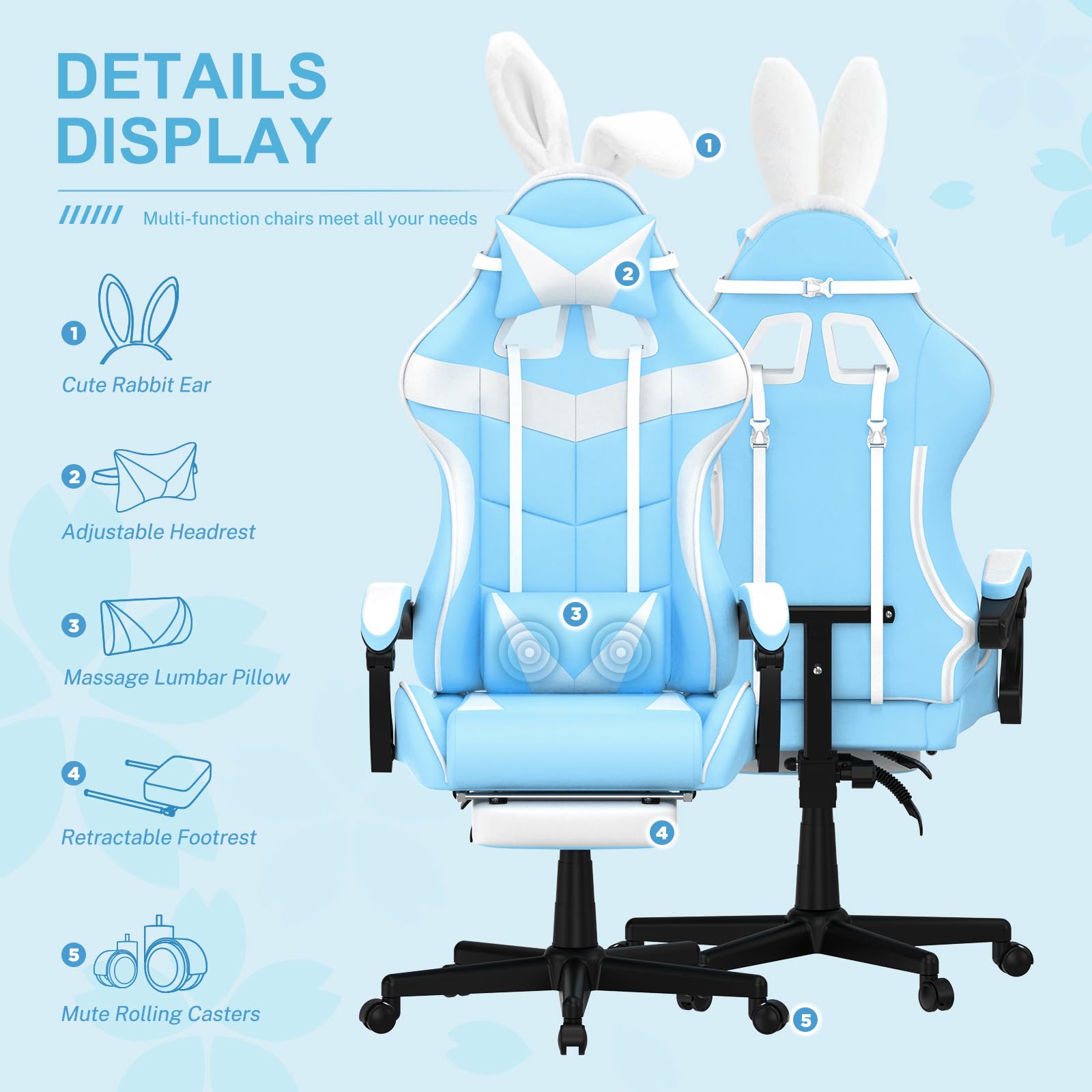 Soontrans Light Blue Gaming Chair with Adjustable Footrest - Cute Bunny Design Ergonomic Computer Chair for Girls, Teens & Women - Perfect for Gaming, Studying & Office Work
