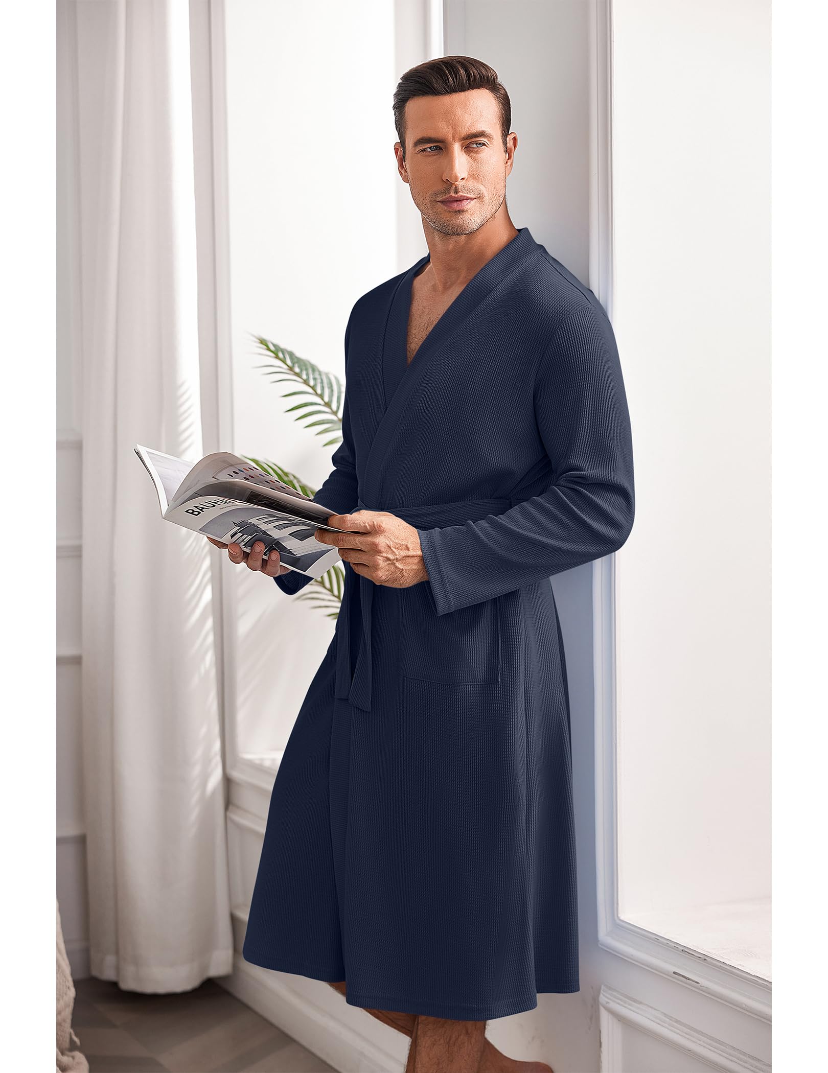 Ekouaer Men's Lightweight Waffle Knit Bathrobe - Soft Kimono Style Spa Robe with Pockets, V-Neck Long Sleeve Sleepwear for Shower, Lounge & Relaxation at Home