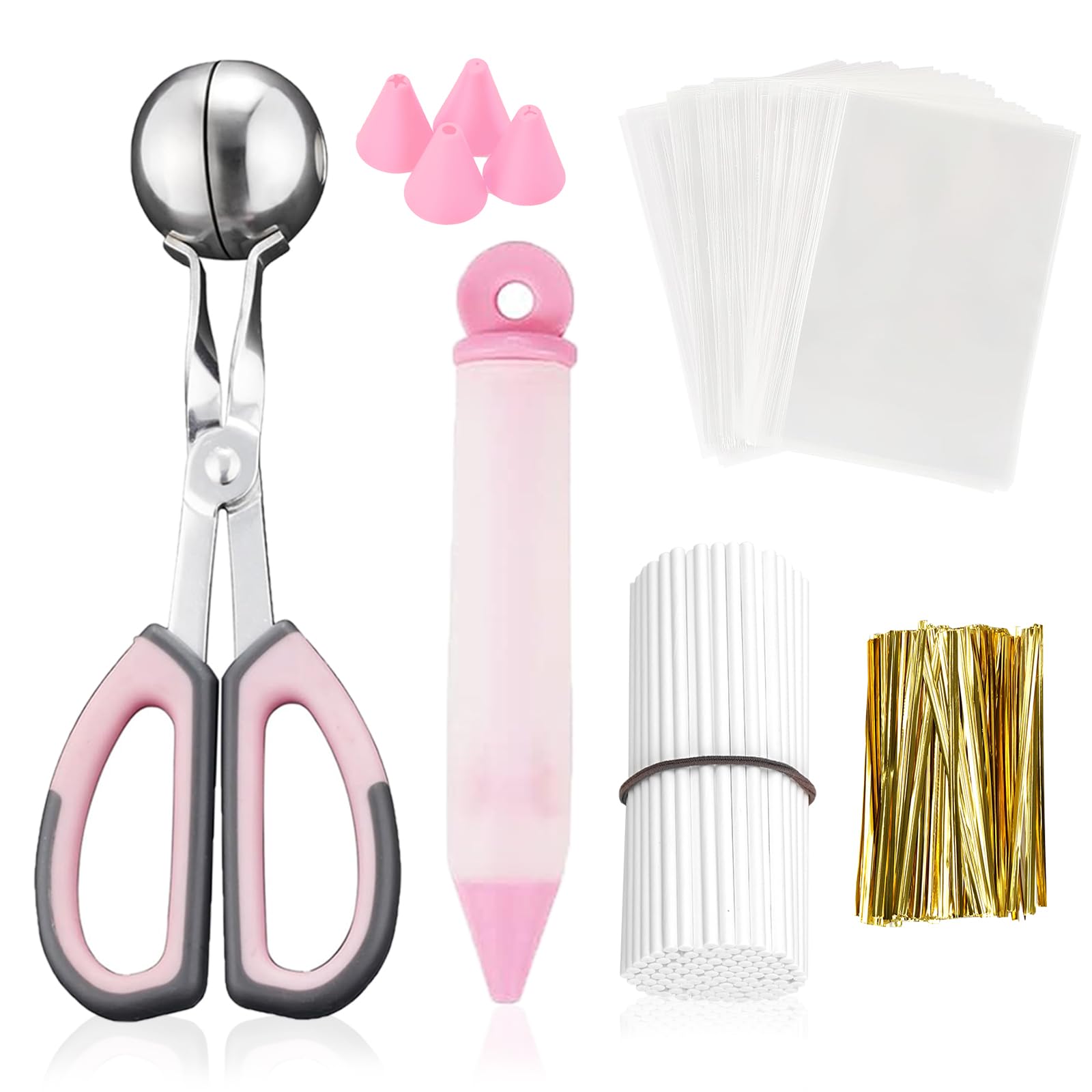 Pink Cake Pop Kit - 100 Cake Pop Sticks, Wrappers & Twist Ties with Scooper & Decorating Pen - DIY Lollipop, Candy, Chocolate & Cookie Making Tools - Perfect for Birthday Parties, Baby Showers & Holiday Treats