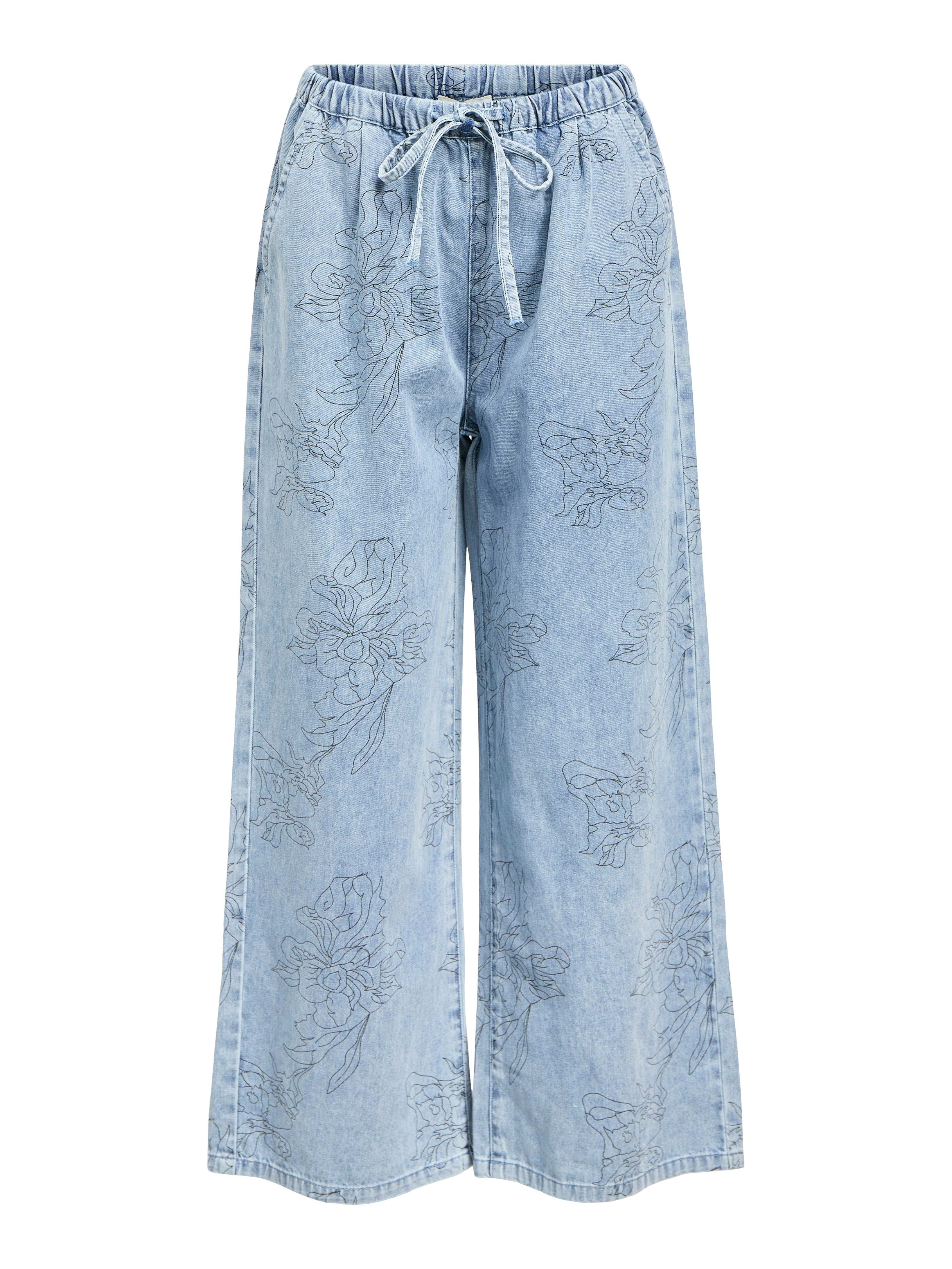 Farah Wide Leg Printed Denim Pants for Women - Light Blue & Black Distressed Jeans - Boho Chic High Waisted Trousers for Casual Wear & Street Style Outfits