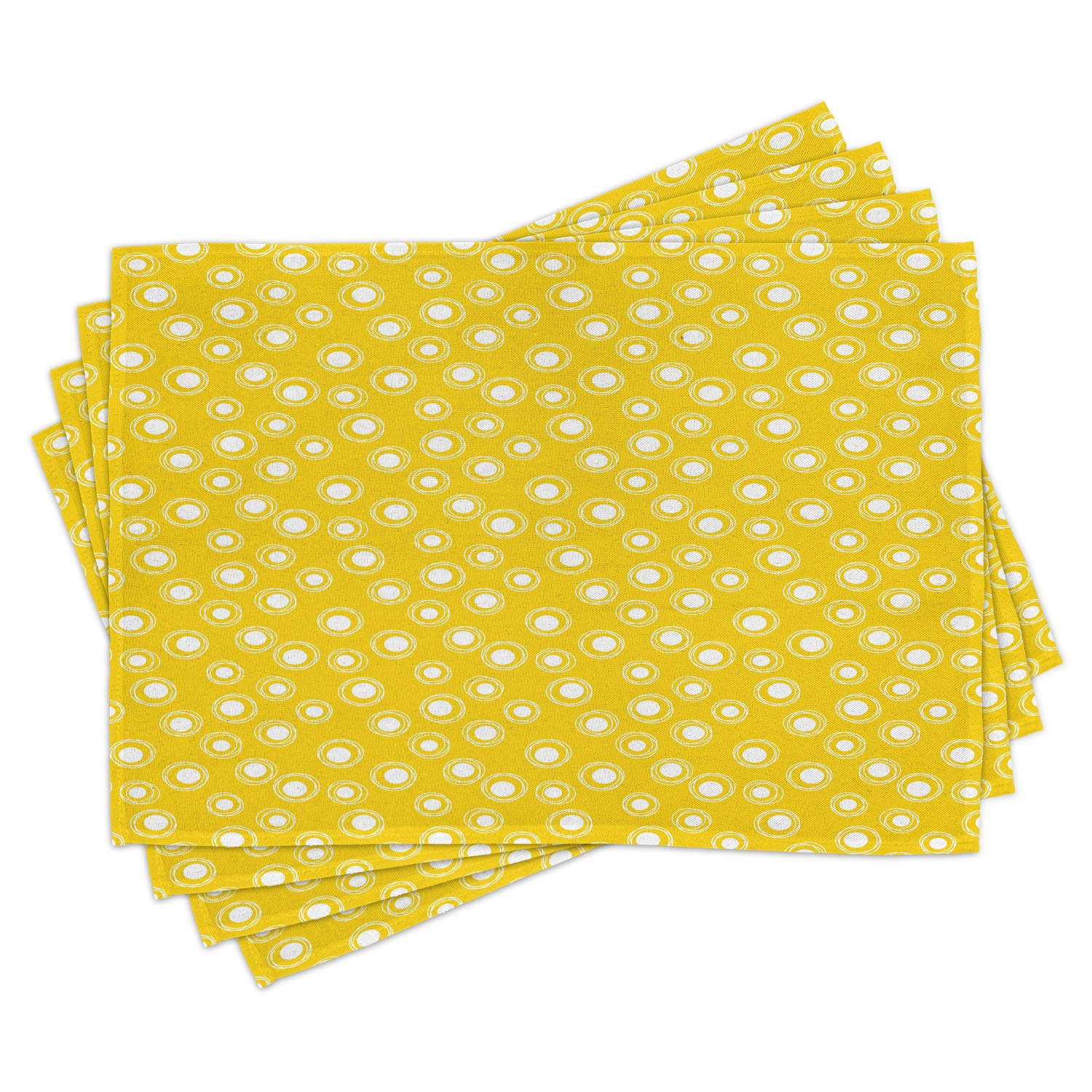 Ambesonne Yellow and White Place Mats Set of 4 - Washable Fabric Table Mats with White Round Spots & Sketchy Circles Design - Perfect for Dining Room, Kitchen Table Decor & Holiday Dinner Parties