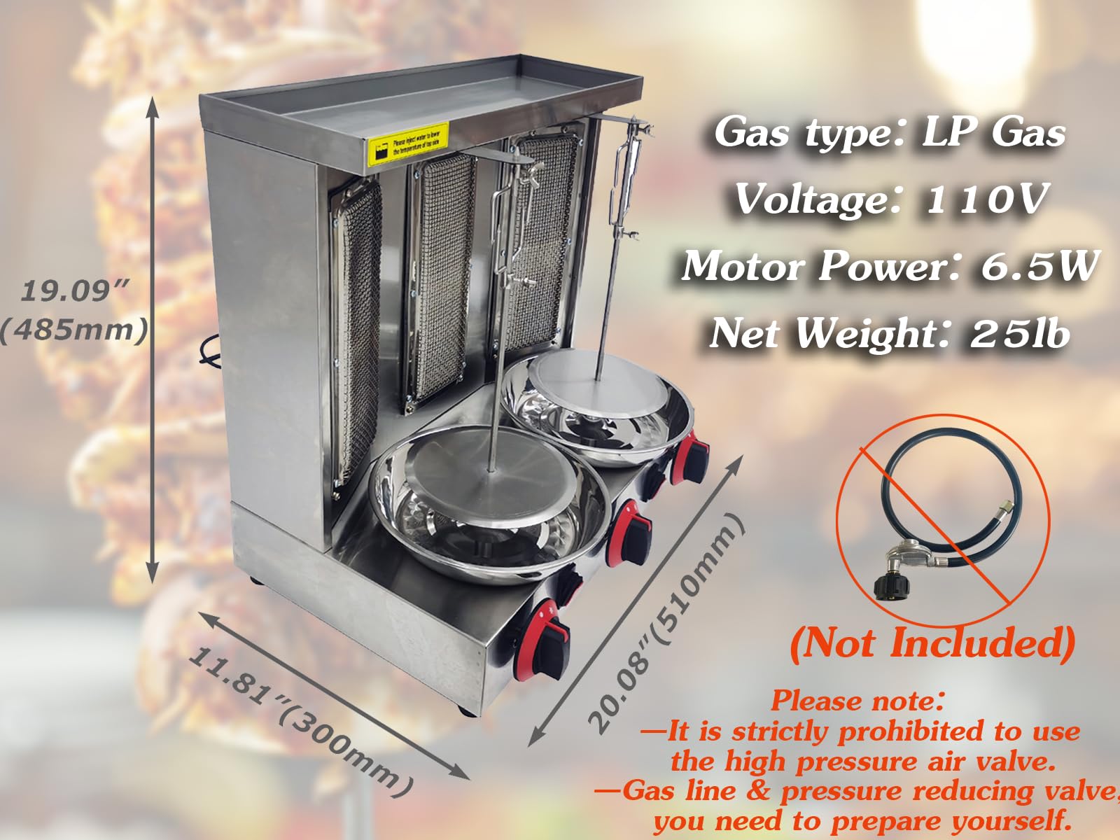 INTSUPERMAI Commercial Shawarma Grill Machine - 3 Burner LP Gas Doner Kebab Vertical Broiler | Gyro Meat Roasting Oven with Countertop Rotating Stand | Perfect for Restaurants, Food Trucks & Home Catering | Ideal for Middle Eastern & Mediterranean Cuisine