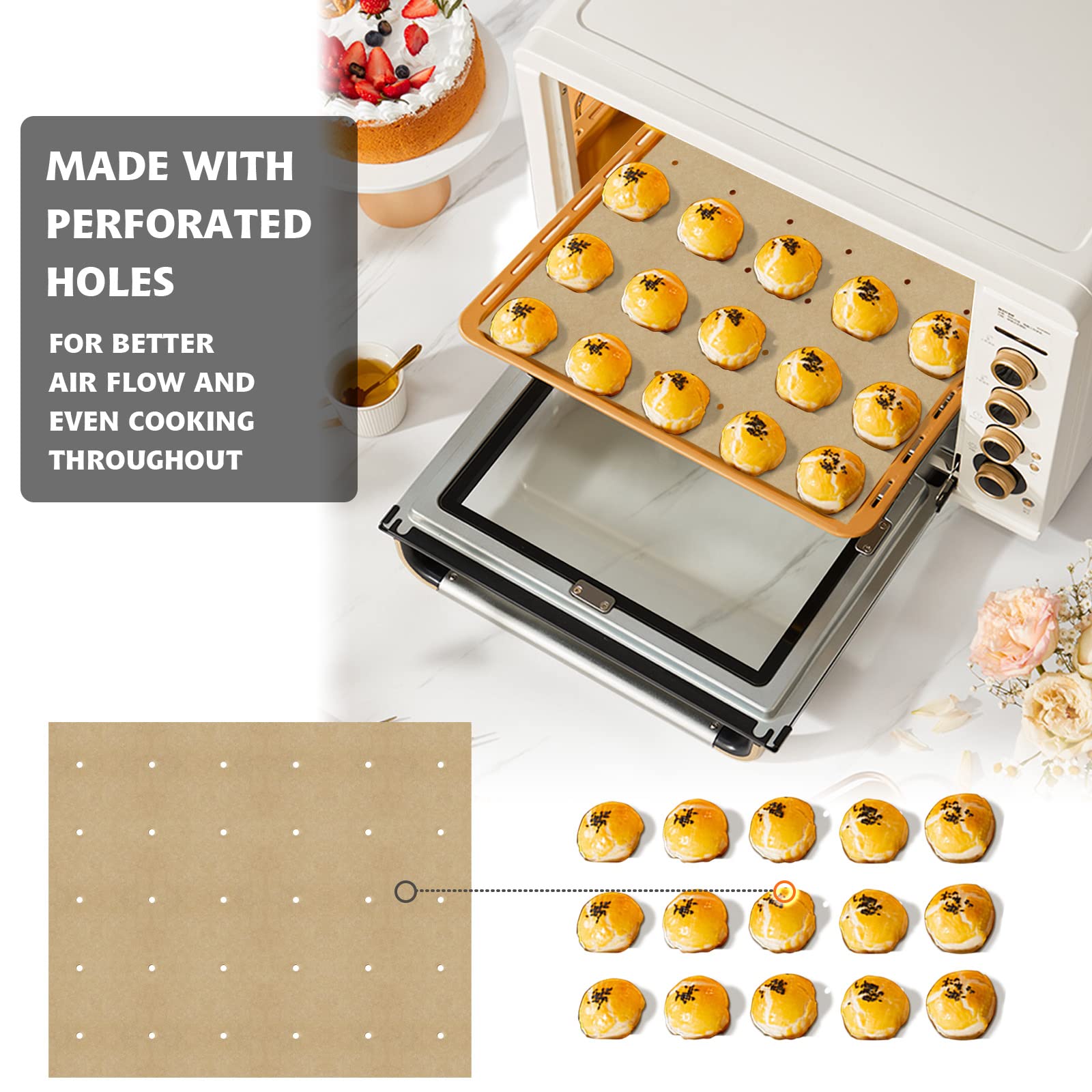 100 PCS Unbleached Parchment Paper Sheets - 11x9 Inch Perforated Square Liners for Air Fryers (Cuisinart, Breville, Black+Decker) & Toaster Ovens | Non-Stick Baking, Roasting & Cooking | Eco-Friendly Kitchen Essential