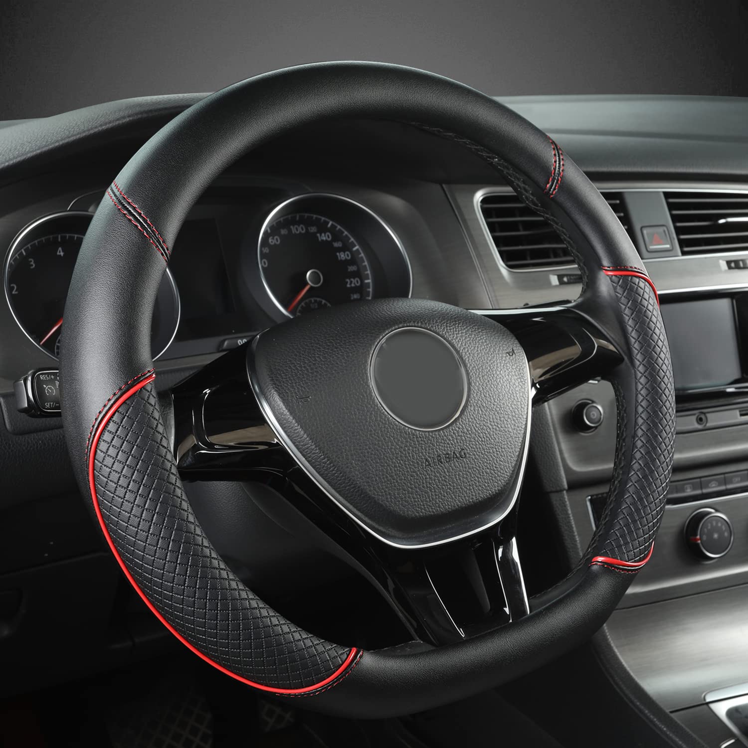 Premium D-Shaped Steering Wheel Cover for Nissan Rogue, Kicks & Altima - Black & Red Stitching | Non-Slip Grip, Comfortable Driving | Perfect for Commuting, Road Trips & Winter Protection