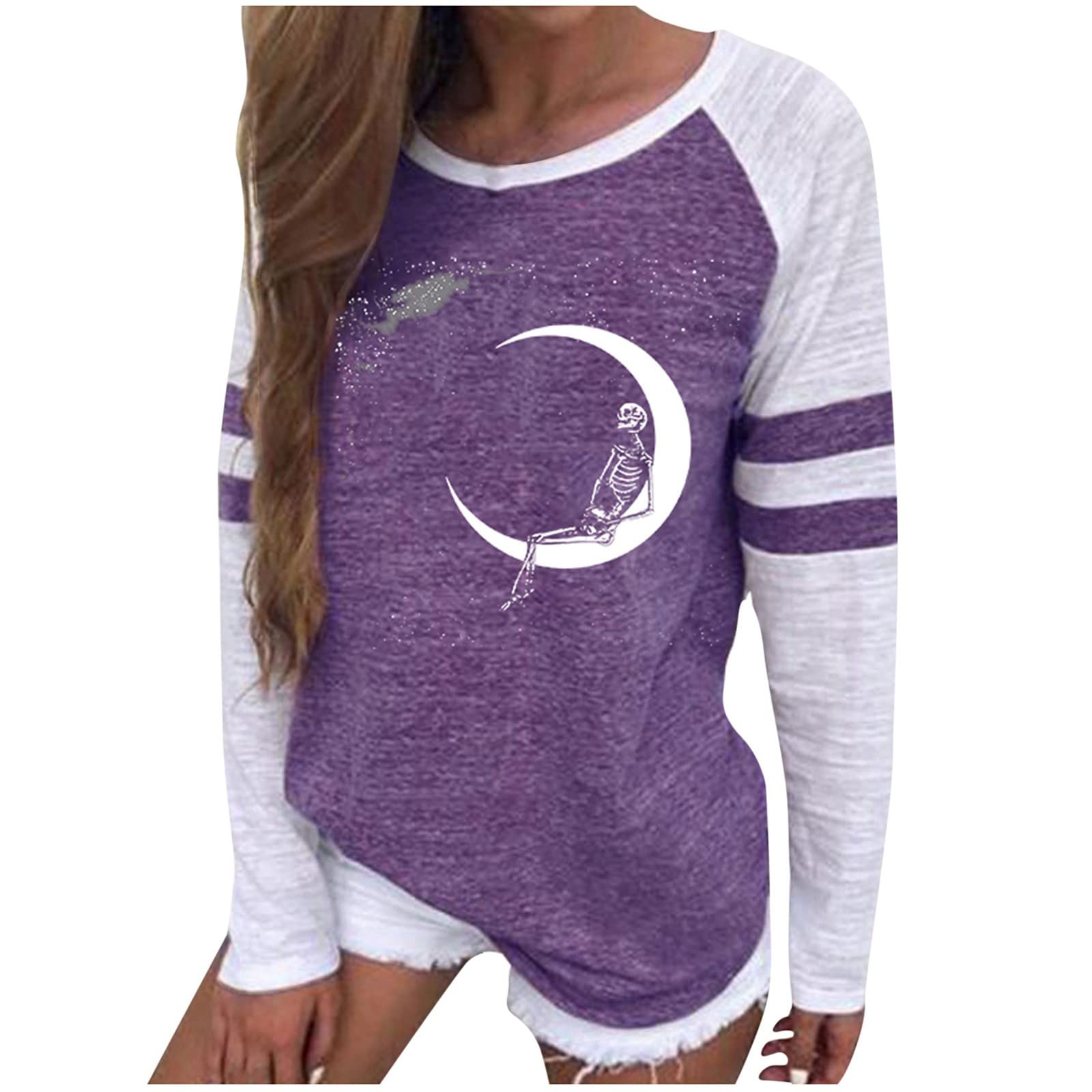 Women's Halloween Skeleton Print T-Shirt - Long Sleeve Crewneck Color Block Pullover Top, Slim Fit Fall Sweatshirt | Perfect for Halloween Parties, Costume Events & Autumn Outfits