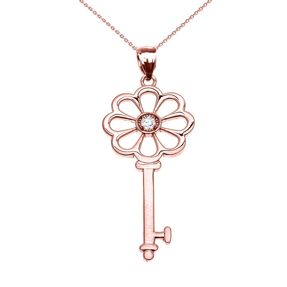 10K Rose Gold Solitaire Cubic Zirconia Flower Key Pendant Necklace for Women - Elegant Jewelry Gift for Birthday, Anniversary & Valentine's Day
