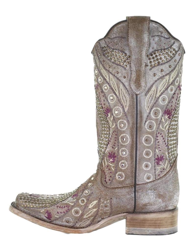 Women's Corral Mauve Studded Floral & Crystal Embellished Square Toe Western Boots E1520 - Perfect for Country Dancing, Rodeos & Western Fashion Outfits